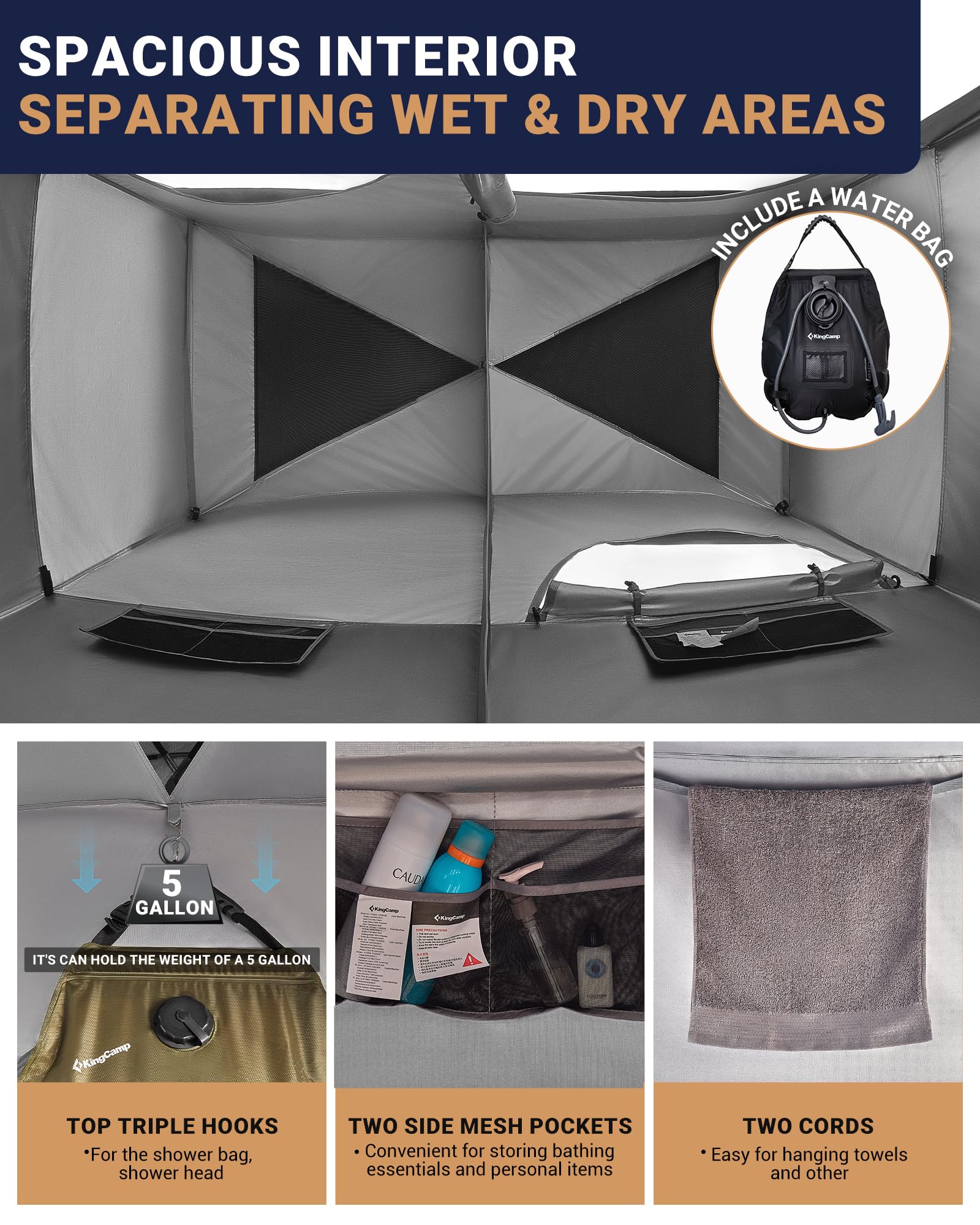 KingCamp Luxury Camping Shower Tent with Shower Bag - Portable Privacy Shelter for Outdoor Bathing, 1 & 2 Room Toilet Tent Options - Perfect for Camping, Hiking, Beach Trips and RV Adventures