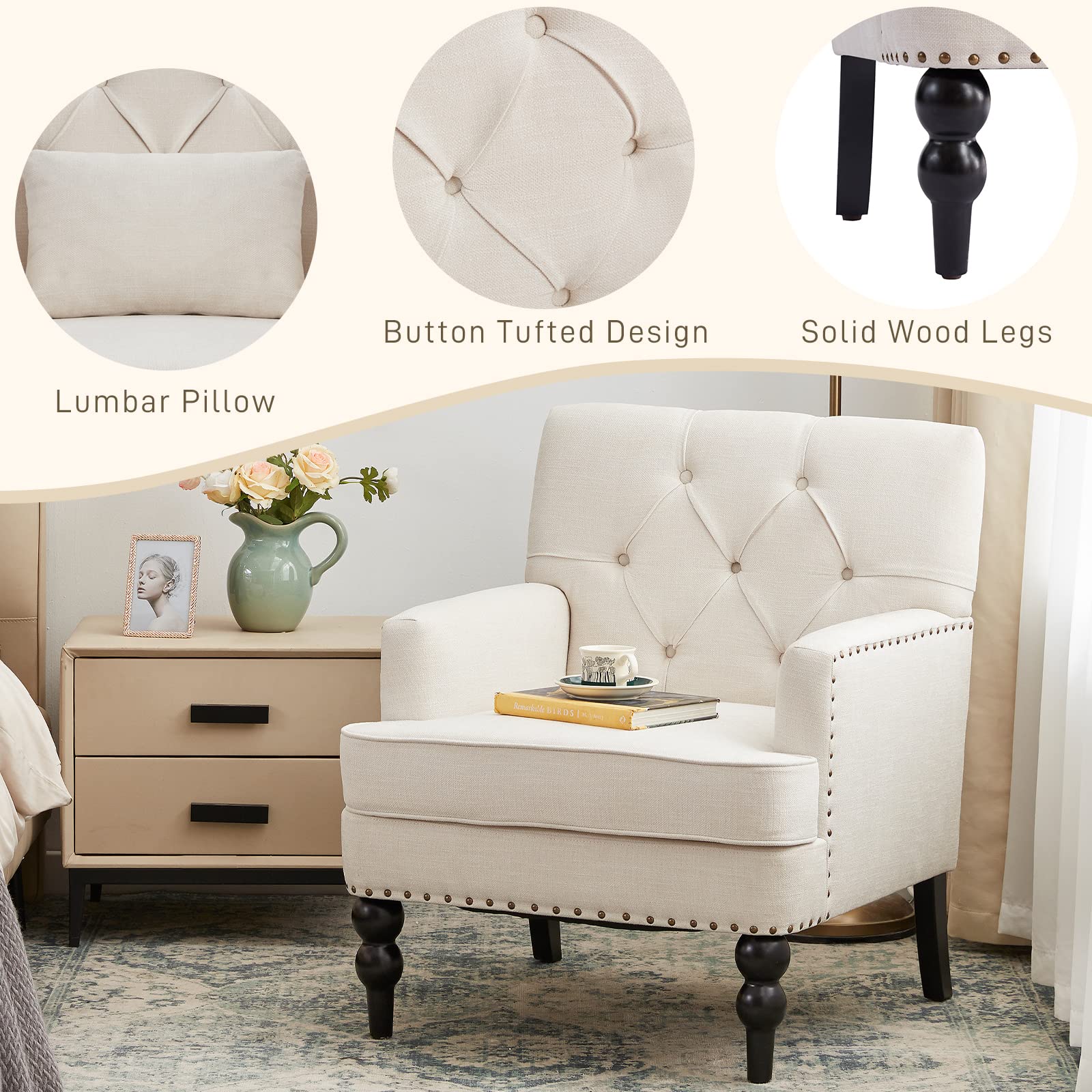 HUIMO Tufted Club Chair Set of 2 - Mid Century Modern Accent Chairs with Lumbar Pillow & Studded Upholstery, Beige Fabric Armchairs for Living Room, Bedroom, Office or Reading Nook - Cozy Seating for Relaxation & Home Decor