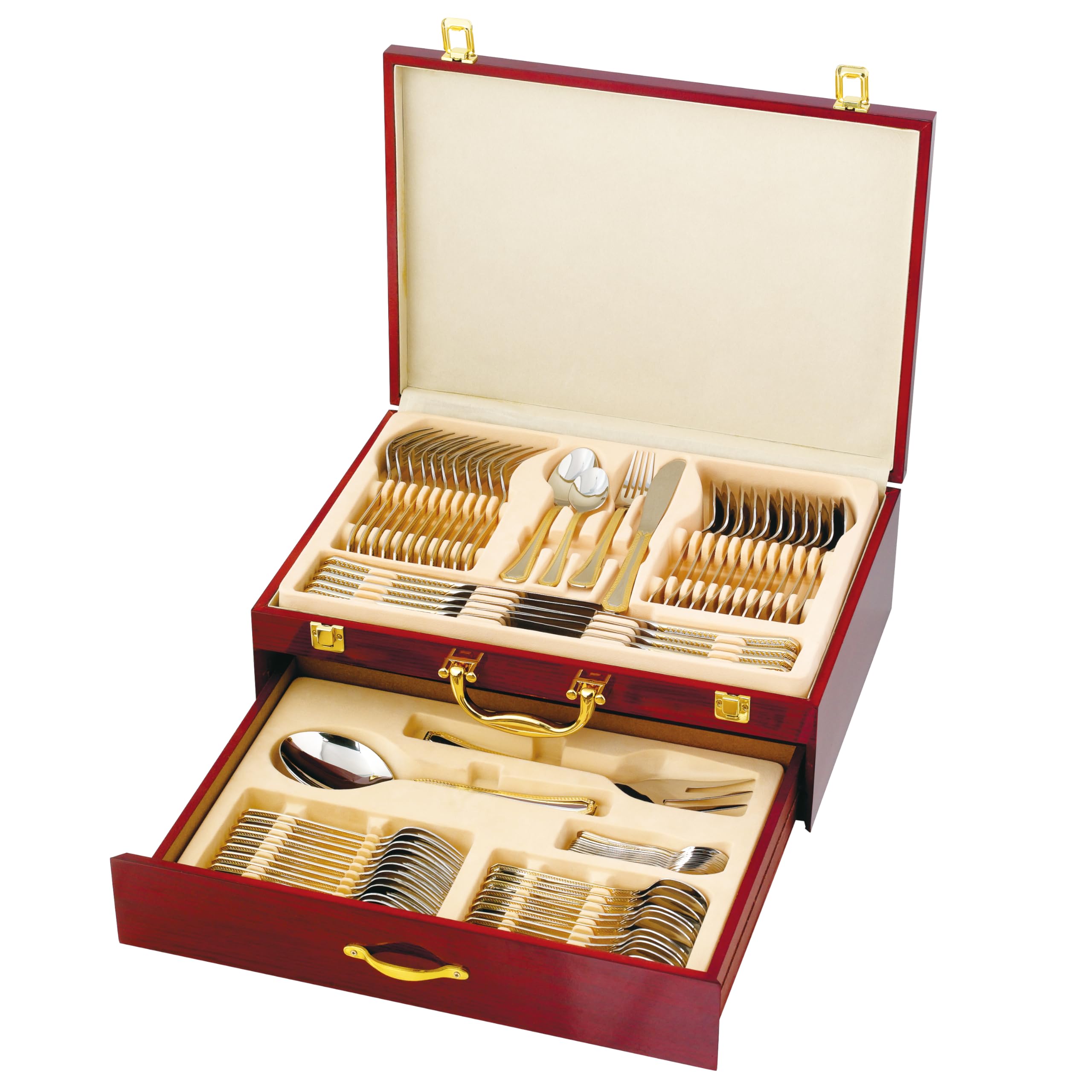 75-Piece Luxury Gold Flatware Set for 12 with Wooden Storage Case - 24K Gold Plated Premium Dining Cutlery, 18/10 Surgical Stainless Steel Silverware - Perfect for Weddings, Dinner Parties & Holiday Entertaining