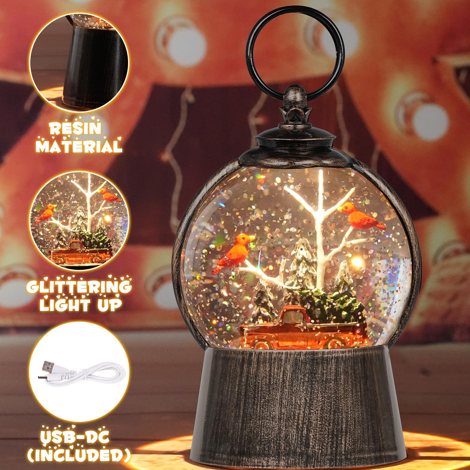 Christmas Snow Globe Lantern with Timer - Battery/USB Powered Musical Holiday Decor with Cardinals & Tree Truck - Perfect for Indoor Xmas Decorations, Gift Giving & Festive Home Ambiance