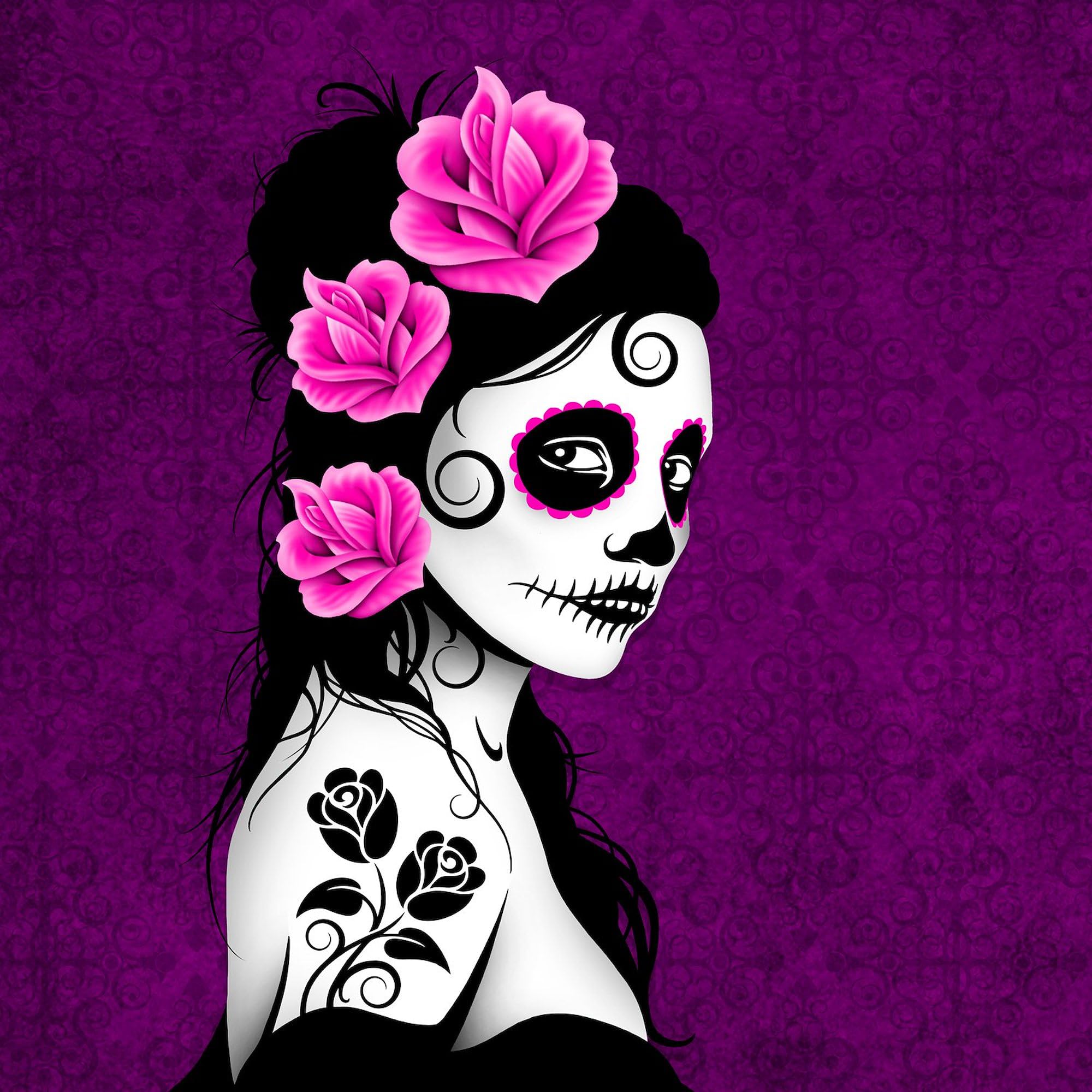 Day of The Dead Girl Purple Square Bumper Sticker - Waterproof Car Decal for Windows, Laptops & DIY Crafts - Mexican Sugar Skull Aesthetic for Halloween, Dia de Muertos Celebrations