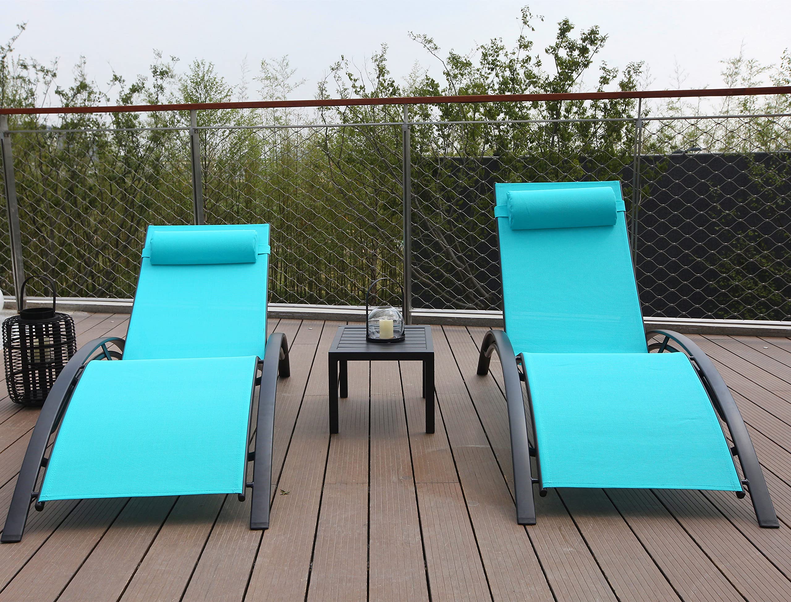 3-Piece Patio Chaise Lounge Chair Set - Aluminum Outdoor Reclining Sun Lounger with Adjustable Headrest & Side Table - Perfect for Poolside, Beach, Garden & Lawn Relaxation (Blue) - Ideal for Sunbathing, Tanning & Outdoor Lounging