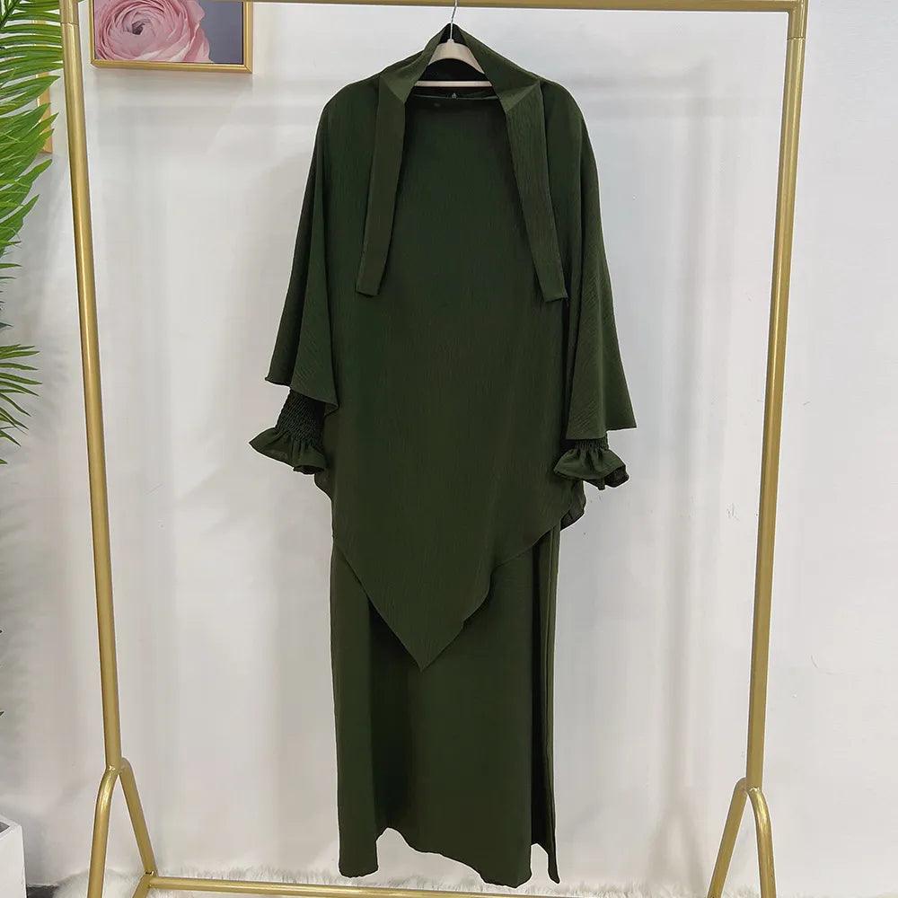 2-Piece Abaya Khimar Set - Long Triangle Hijab & Smocked Cuff Dress for Women | Islamic Modest Wear for Prayer, Mosque & Special Occasions