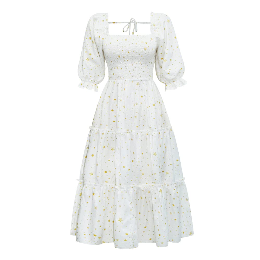 Women's Puff Sleeve Smocked Maxi Dress - Casual Square Neck Floral Tiered Flowy Summer Dress for Beach, Vacation & Outdoor Parties