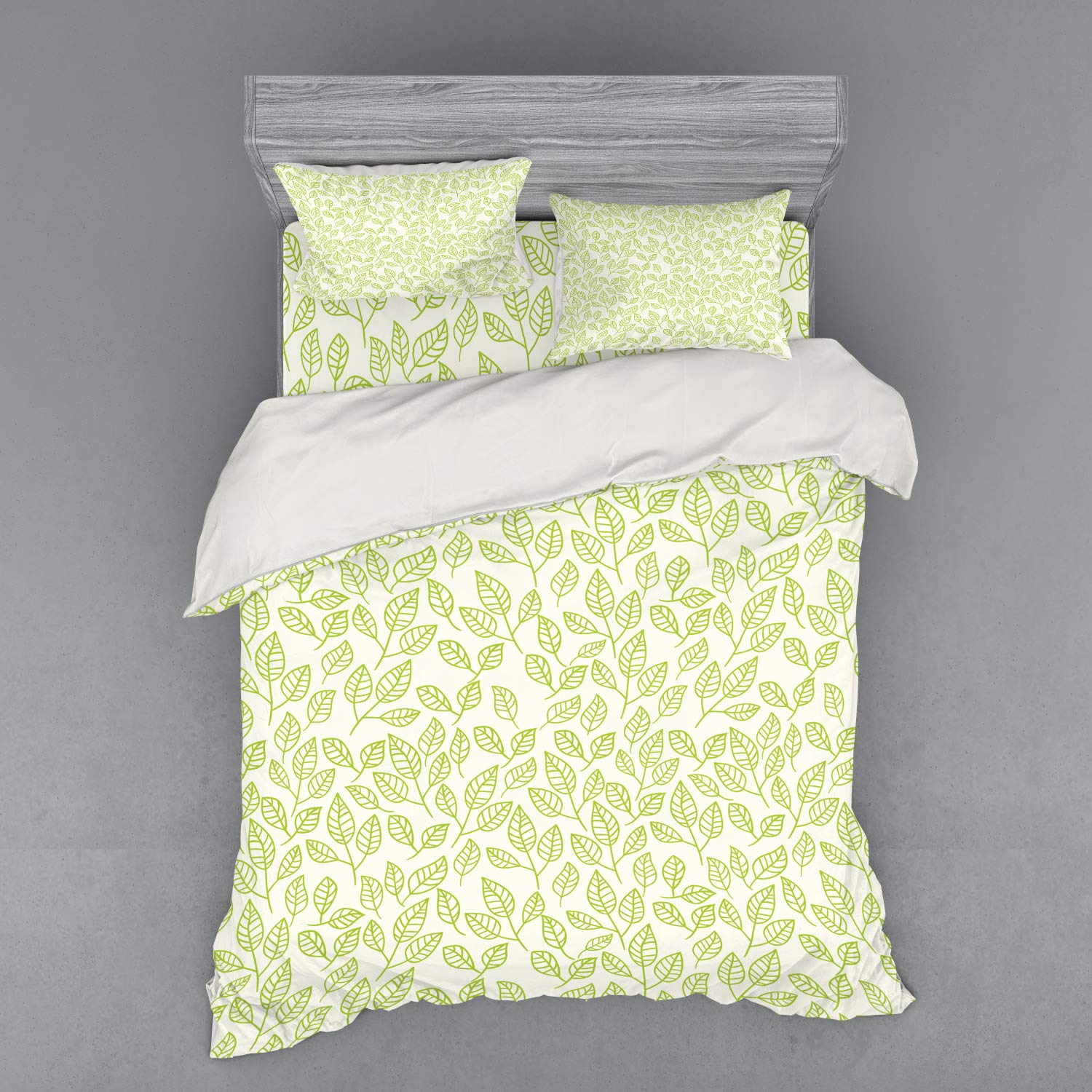 Ambesonne Green Tea Leaf Bedding Set - 4 Piece Queen Duvet Cover with Shams & Fitted Sheet, Watercolor Botanical Design in Green & Ecru - Perfect for Modern Bedrooms, Guest Rooms & Nature-Inspired Home Decor