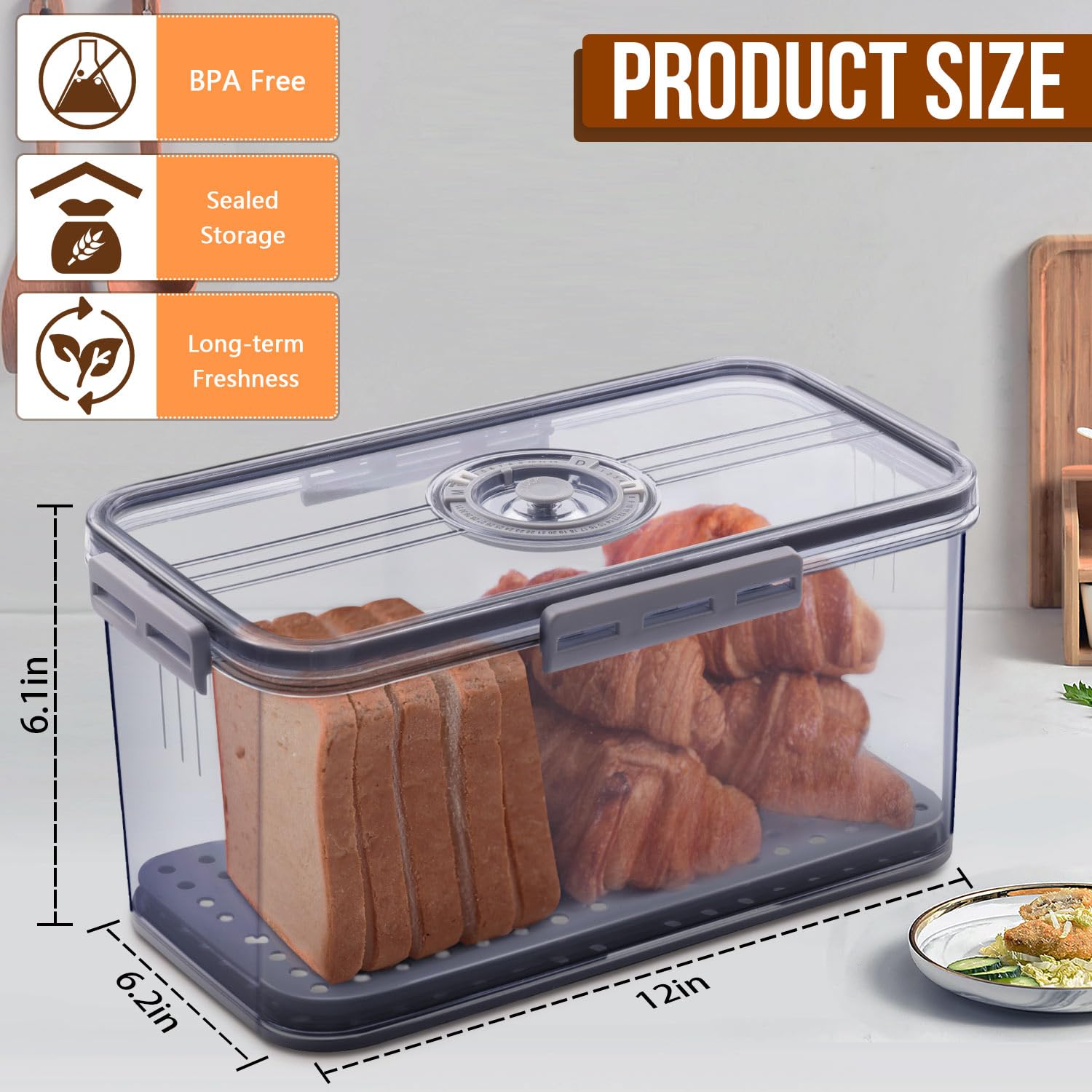 Airtight Bread Storage Container with Time Recording Lid - Kitchen Counter Bread Box for Homemade Bread, Toast, Bagels, Donuts & Cookies | Perfect for Freshness Preservation & Organized Baking (Grey)