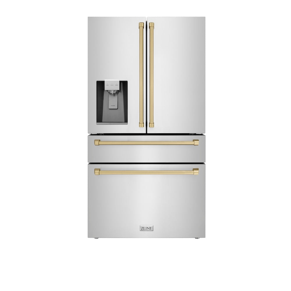 ZLINE Autograph Edition 36 Inch Counter Depth French Door Refrigerator - 21.6 cu ft Capacity, Fingerprint Resistant Stainless Steel with Champagne Bronze Handles, Built-in Water and Ice Dispenser (RFMZ W 36 CB) - Perfect for Modern Kitchens, Open Concept Homes, and Entertaining Spaces