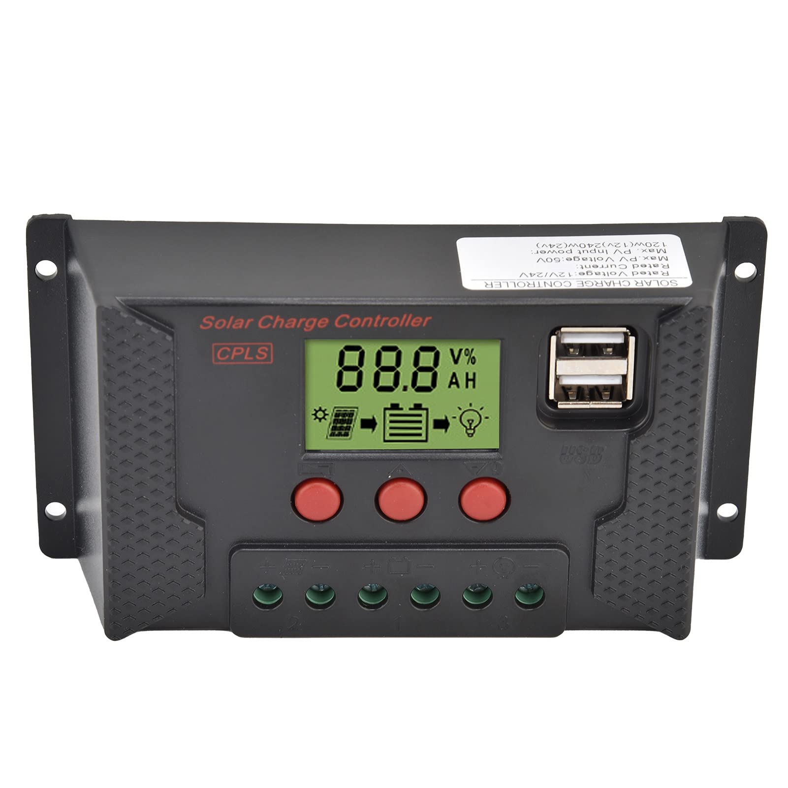 Durable Solar Panel Charge Controller with USB Output - 12V/24V Solar Regulator with Overload Protection for Solar Panels - Perfect for RV, Boat, Off-Grid & Home Solar Power Systems