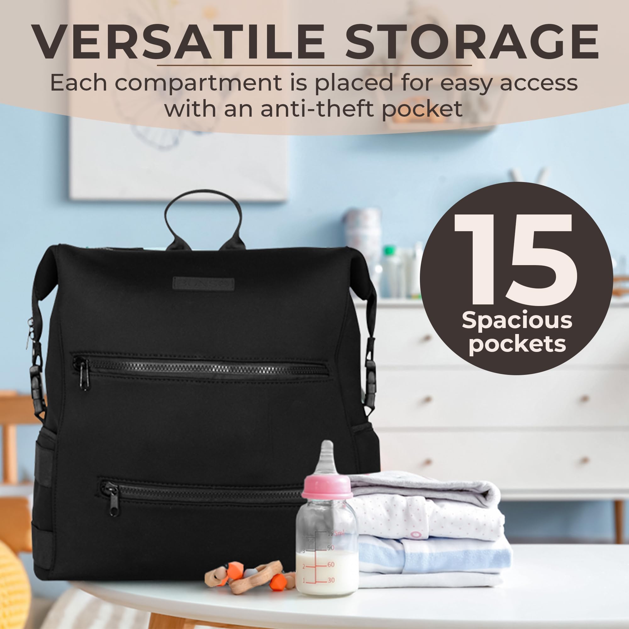 Lightweight Waterproof Diaper Bag Backpack for Baby - Neoprene Travel Changing Bag with Insulated Pockets, Stroller Straps & Wet Dry Compartment | Perfect for Moms, Dads & Daycare (Black)