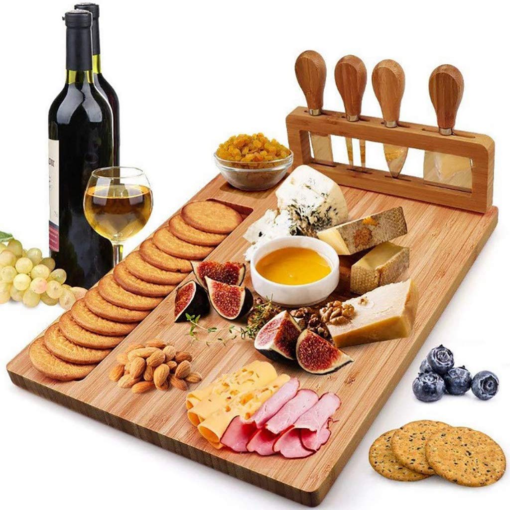 Premium Bamboo Cheese Board & Charcuterie Platter Set with 4 Stainless Steel Knives - Elegant Serving Tray for Cheese, Meat, Fruits & Appetizers - Perfect for Home Entertaining, Dinner Parties & Gift Giving