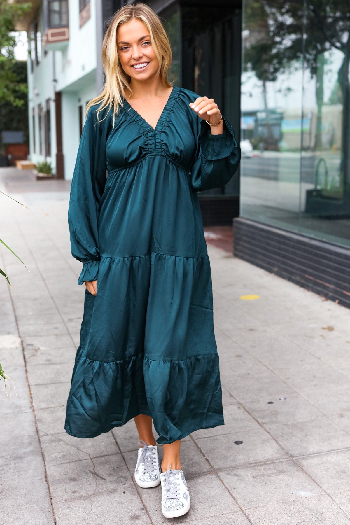Elegant Hunter Green Elastic V-Neck Tiered Satin Maxi Dress for Women - Perfect for Weddings, Parties & Special Occasions
