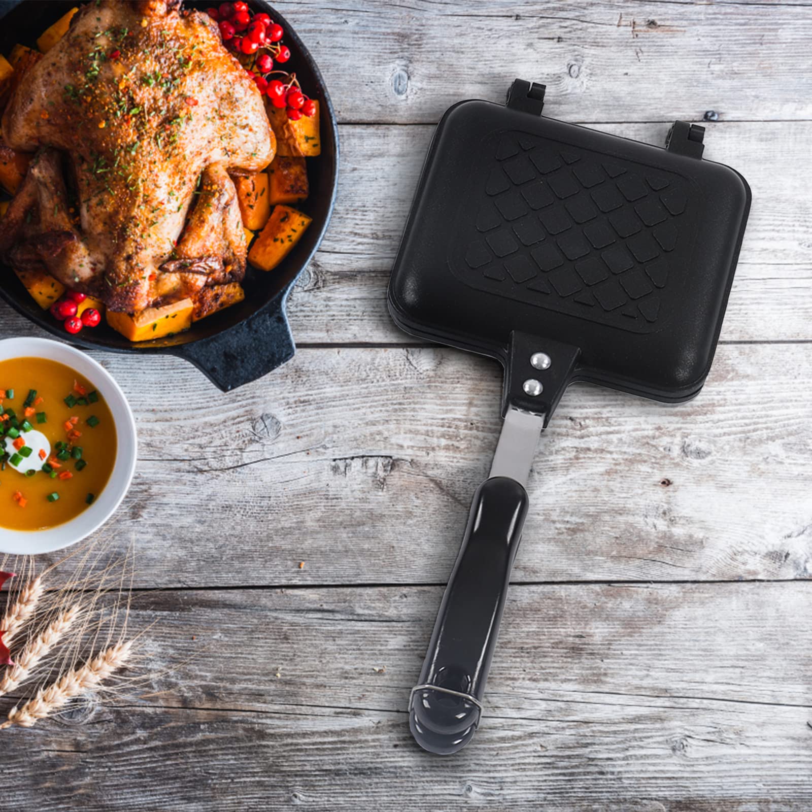 **Nonstick Double-Sided Frying Pan with Flat Bottom – Aluminum Alloy Waffle Maker & Panini Press – Dual Handles for Easy Cooking – Perfect for Breakfast Sandwiches, Grilled Cheese & Pancakes**