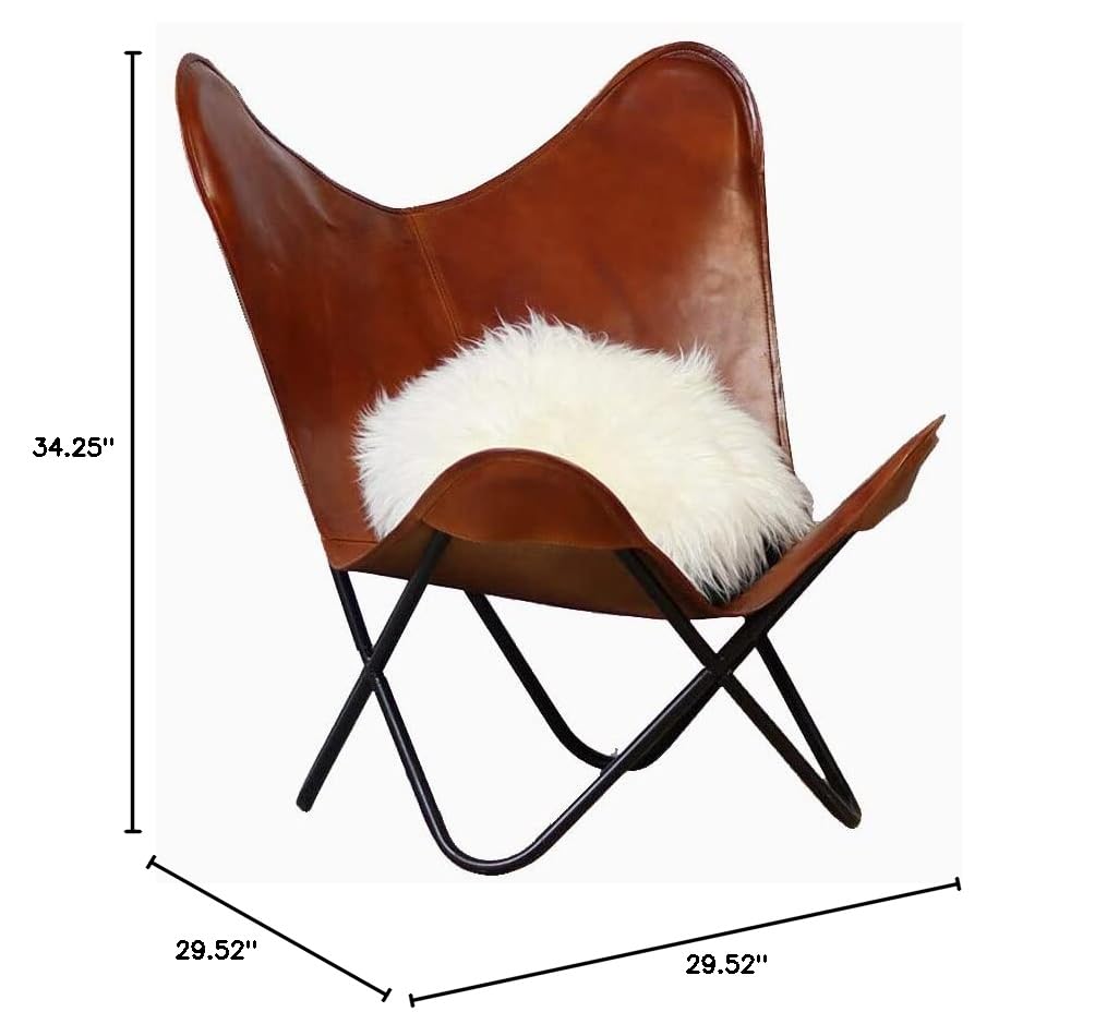 Tan Leather Butterfly Chair with Black Metal Base - Modern Living Room Accent Chair for Lounge, Patio, or Bedroom - Iron Frame & Premium Leather Cover - Stylish & Comfortable Seating