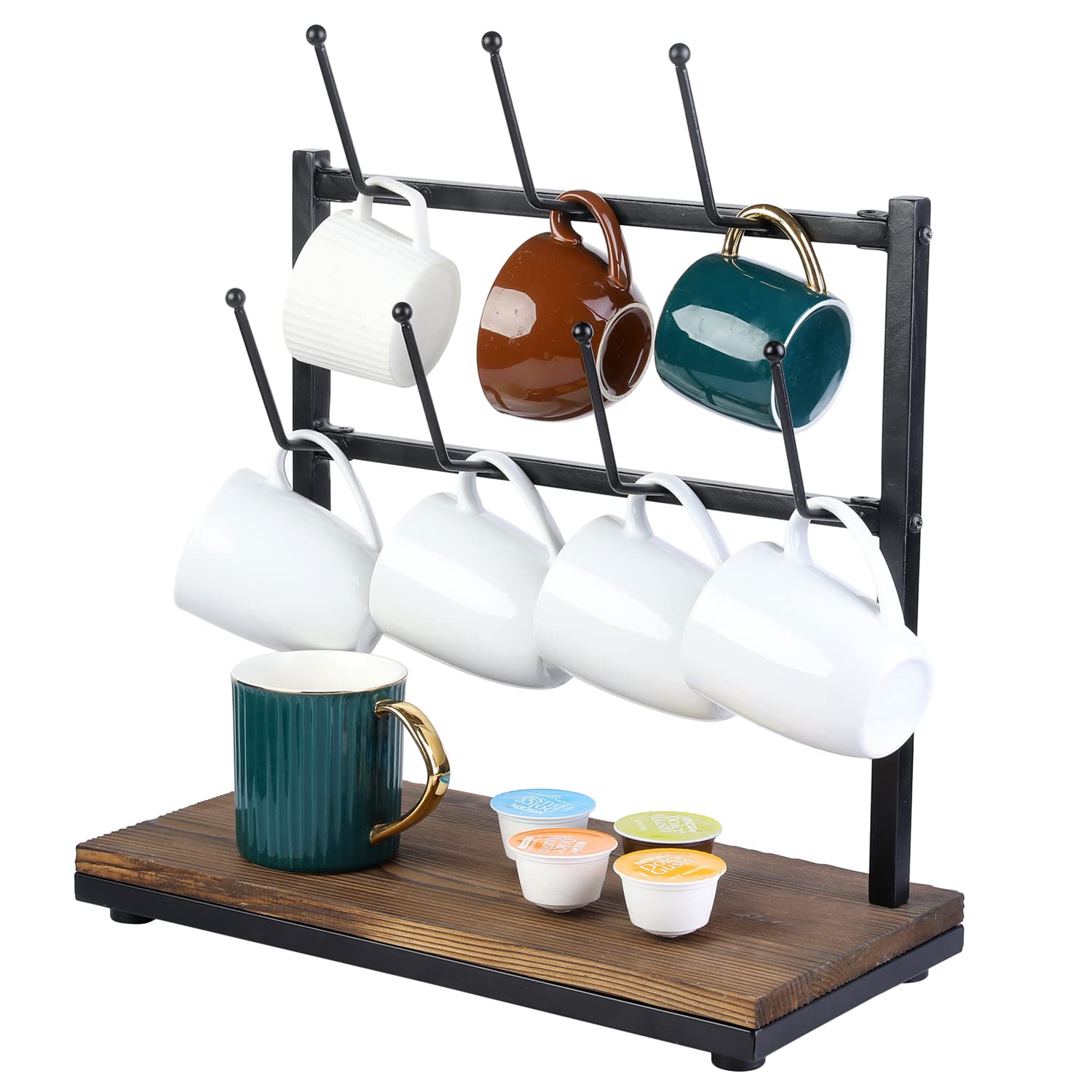 Rustic Burnt Wood and Black Metal Coffee Mug Holder Rack with 7 Hooks - Tabletop Coffee Bar Accessories Stand for Kitchen, Office, or Cafe Use