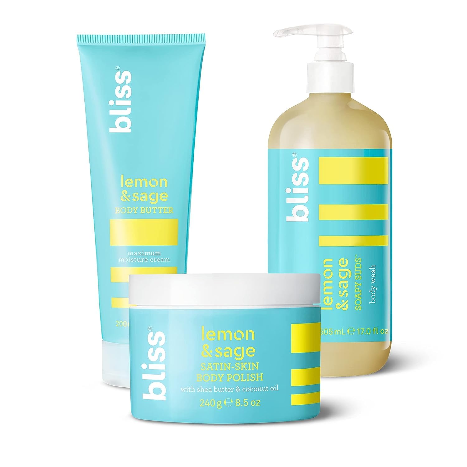 Bliss Lemon & Sage Trio Set: Hydrating Body Wash, Exfoliating Scrub & Nourishing Body Butter for Soft, Glowing Skin – Perfect for Daily Shower Routine & Spa-Like Self Care at Home