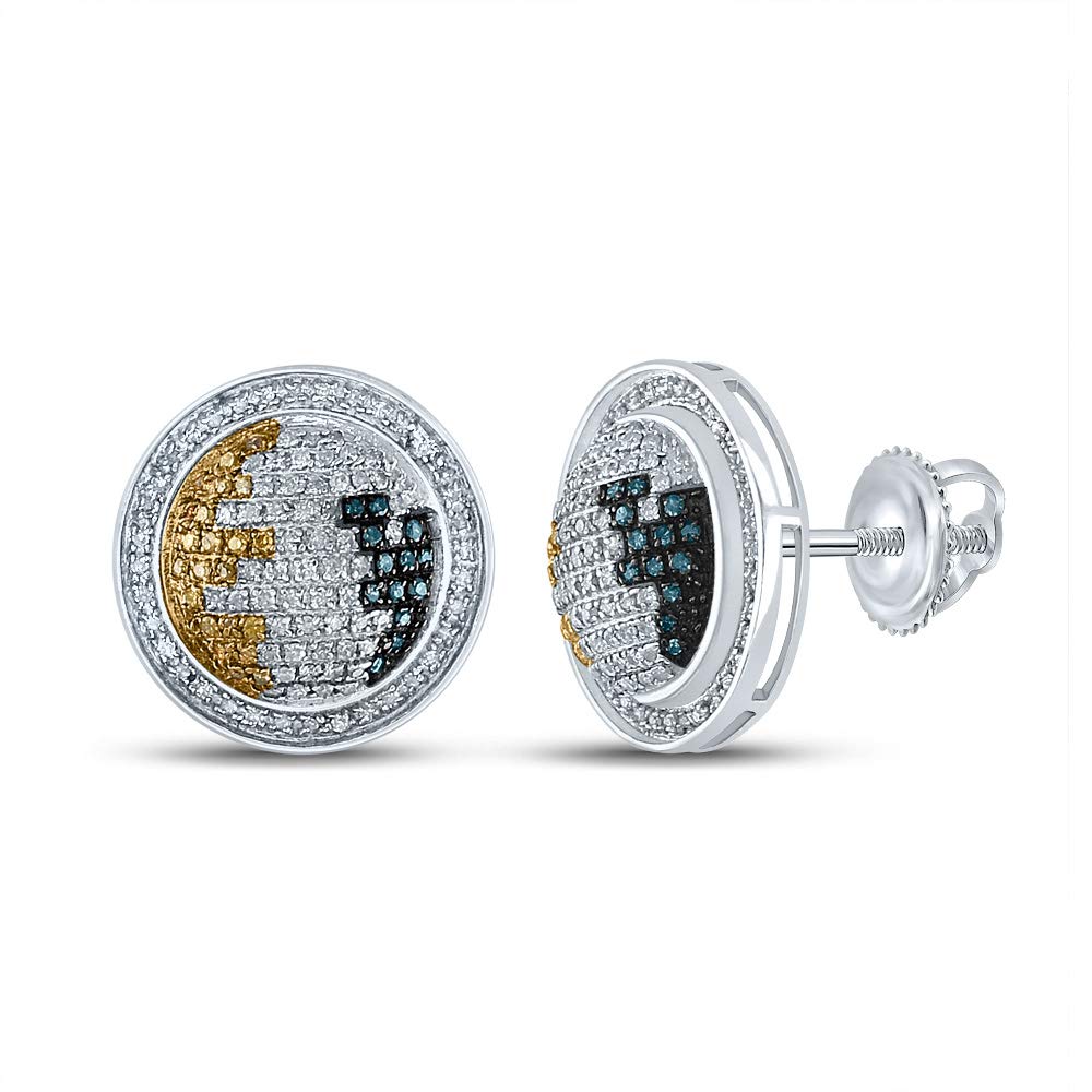 Sterling Silver Men's Round Blue & Yellow Enhanced Diamond Circle Earrings - 3/4 Cttw - Perfect for Gifts, Weddings & Special Occasions