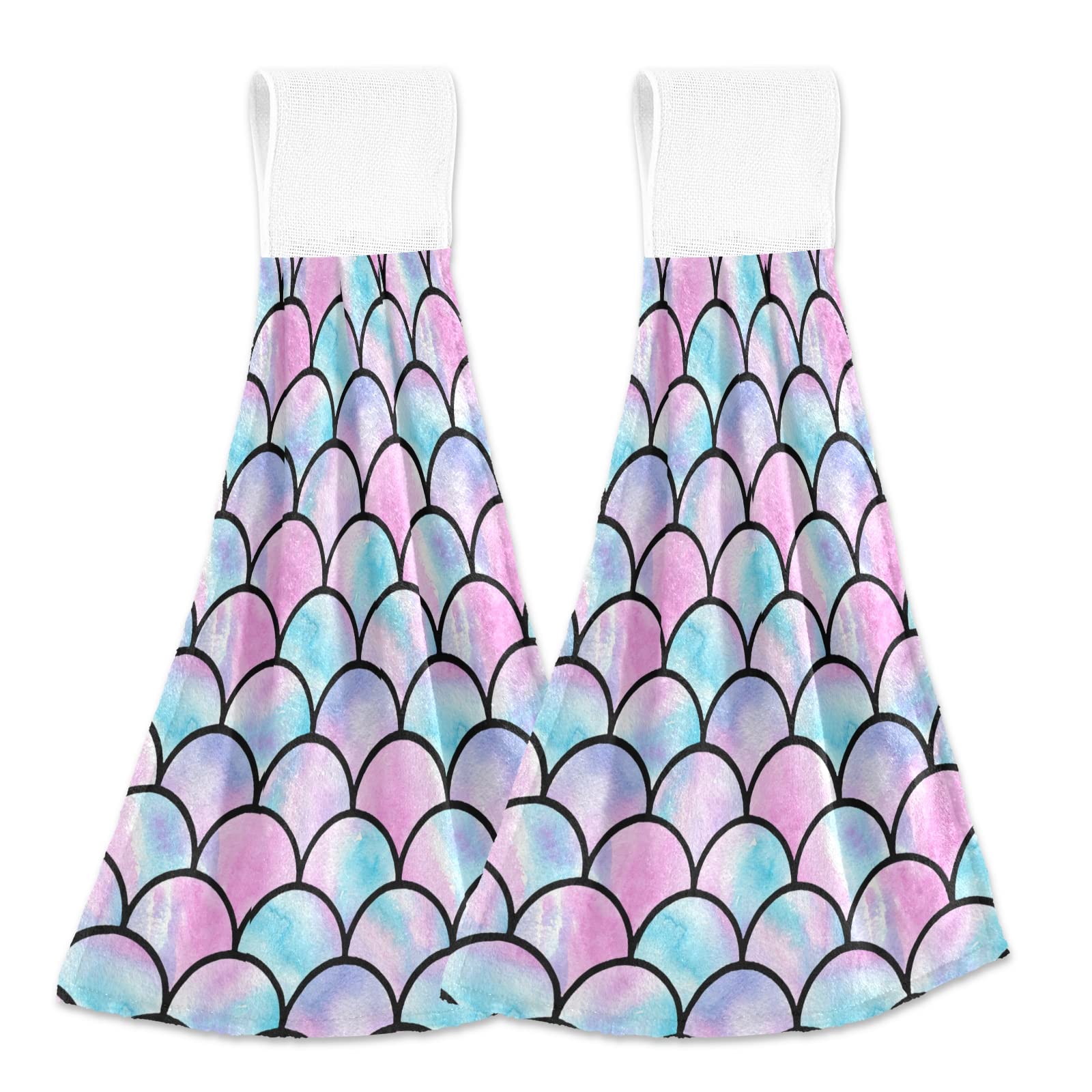 2 Pack Seamless Watercolor Lilac Mermaid Fish Scale Hanging Kitchen Hand Towels - Soft Face & Bath Towels, Fast Drying Cleaning Cloths with Hook & Loop for Home, Dishwashing & Bathroom Use