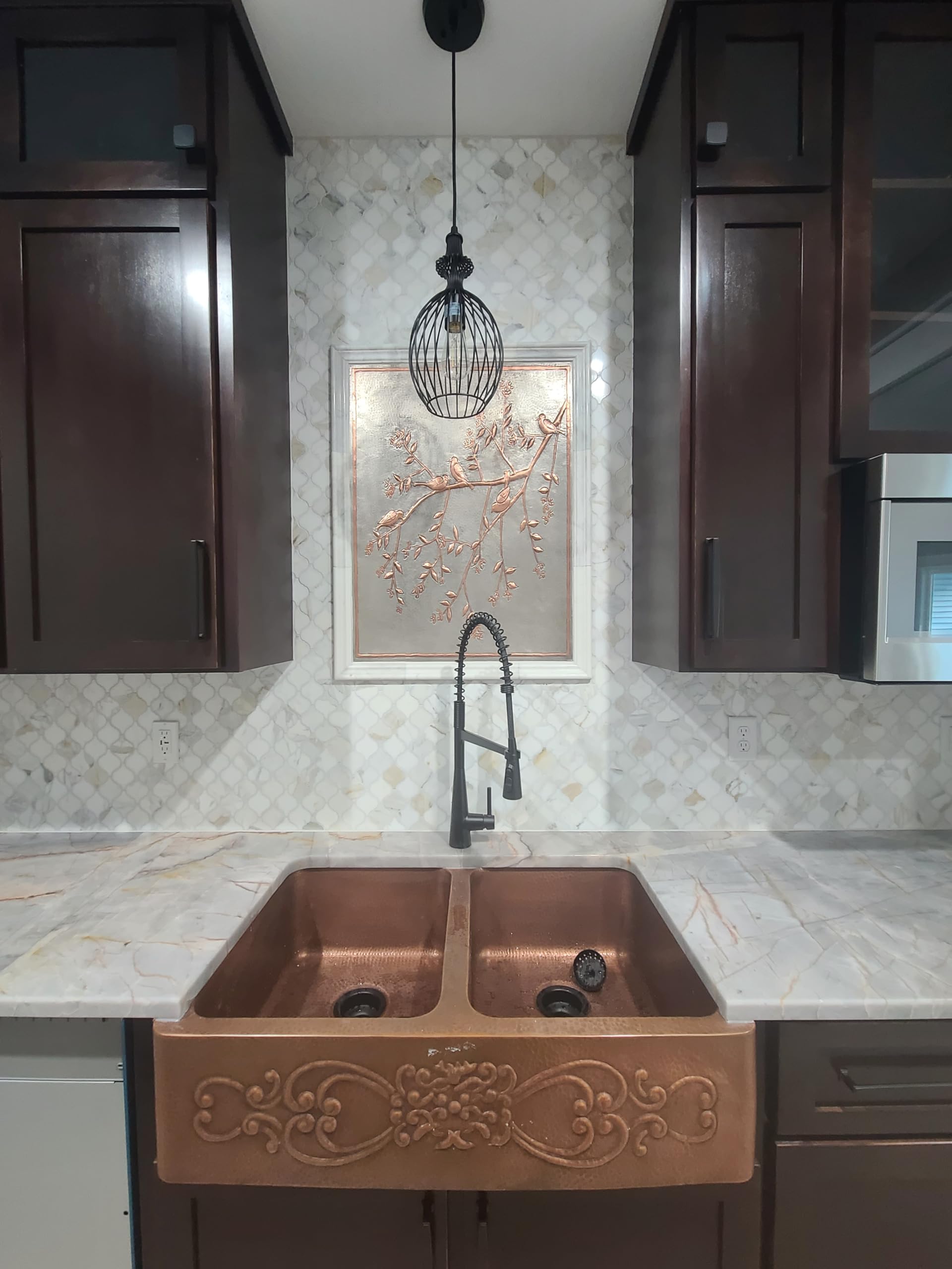 Custom Handmade Copper Backsplash Tile - Birds on Tree Branches Design, Gray & Copper Kitchen Backsplash Panel for Indoor & Outdoor Wall Decor | Perfect for Modern Kitchens, Bathrooms, and Patio Accents