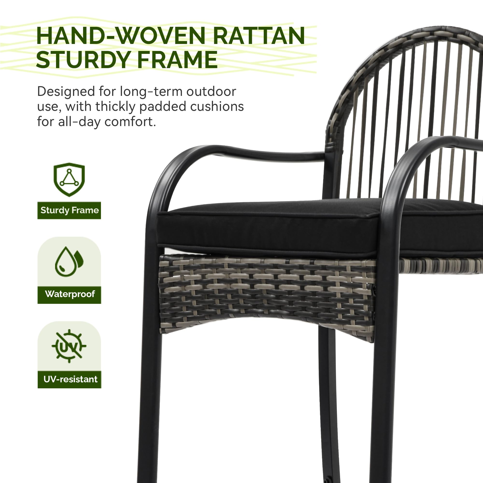 YITAHOME 3-Piece Outdoor Wicker Bar Height Set with Cushioned Barstools - Black Patio Bistro Furniture for Balcony, Poolside, Garden & Backyard - Perfect for Entertaining, Relaxing & Outdoor Dining