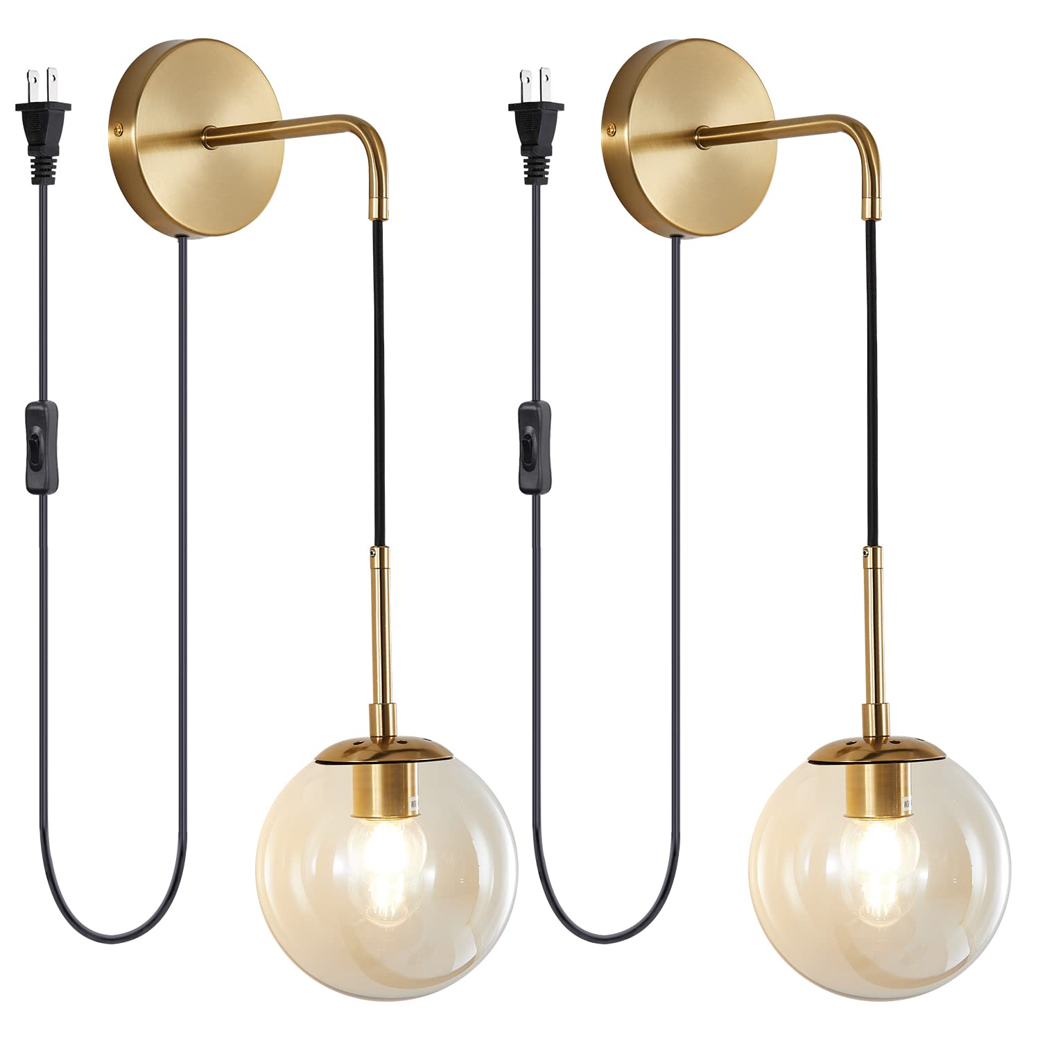 BOKT Mid Century Modern Globe Wall Sconce Lighting - Set of 2 Plug-in Brushed Brass Gold Fixtures with Amber Glass - Vintage Round Wall Lights for Bathroom, Bedroom & Living Room Decor