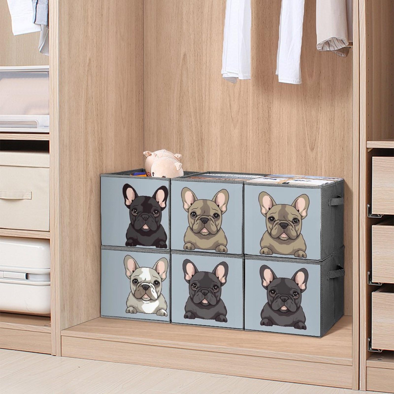 6-Piece French Bulldog Collapsible Storage Baskets with Handles - Large Closet Organizer & Clothing Storage Boxes for Home, Bedroom, and Office Organization
