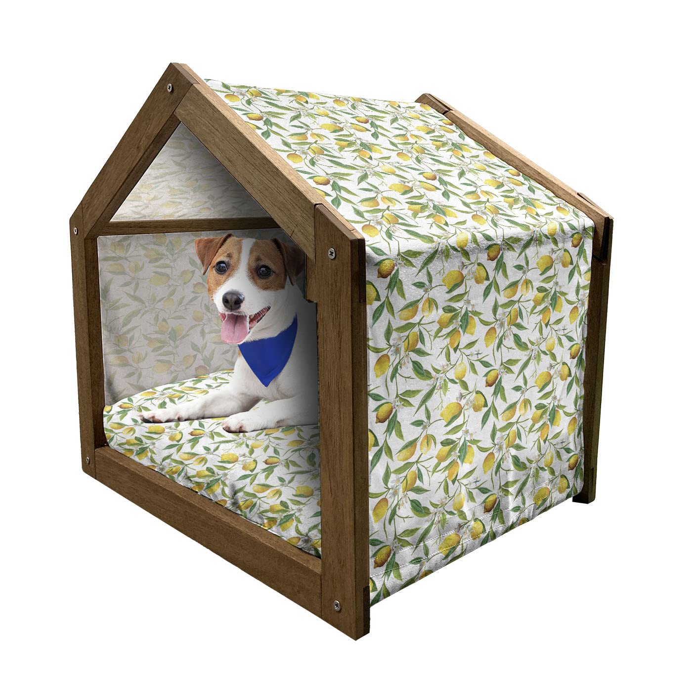 Ambesonne Wooden Pet House for Dogs - Medium Indoor & Outdoor Portable Dog Kennel with Pillow & Cover, Fern Green Yellow White - Cozy Habitat with Flowering Lemon Citrus Design - Perfect for Home, Garden, Patio or Backyard Use