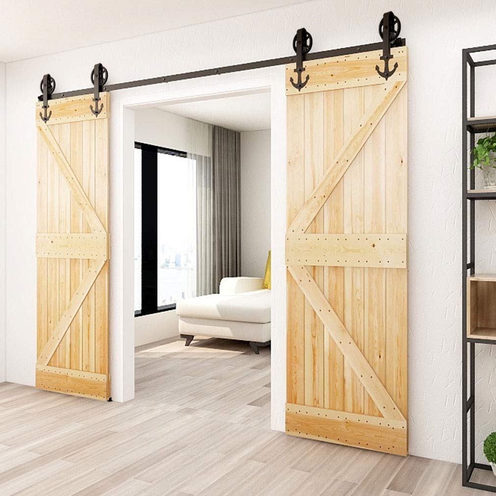CCJH 6ft Heavy Duty Double Sliding Barn Door Hardware Kit - Smooth Quiet Operation for 18 Inch Door Panel (Big Spoke Wheel Hanger Anchor Style) - Perfect for Bedroom, Closet, and Farmhouse Style Interior Doors
