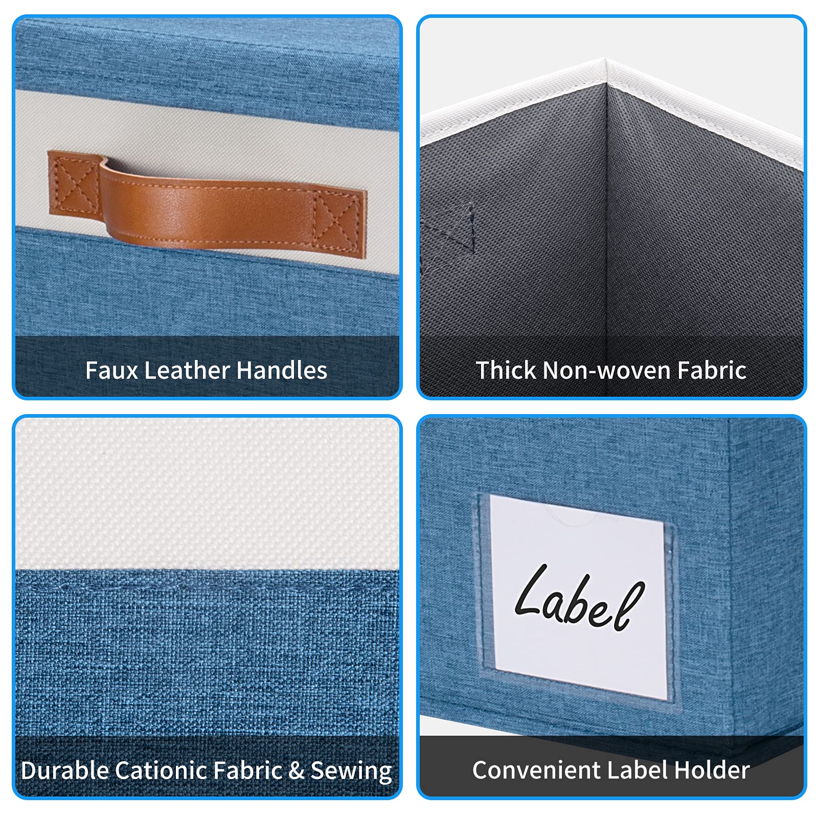 6-Pack Large Fabric Storage Bins with Lids & 3 Handles - Sturdy Closet Organizer Boxes with Label Window for Home, Bedroom, Office (Blue, 15 x 11 x 9.6 Inches) - Perfect for Toy Storage, Seasonal Clothes & Blanket Organization