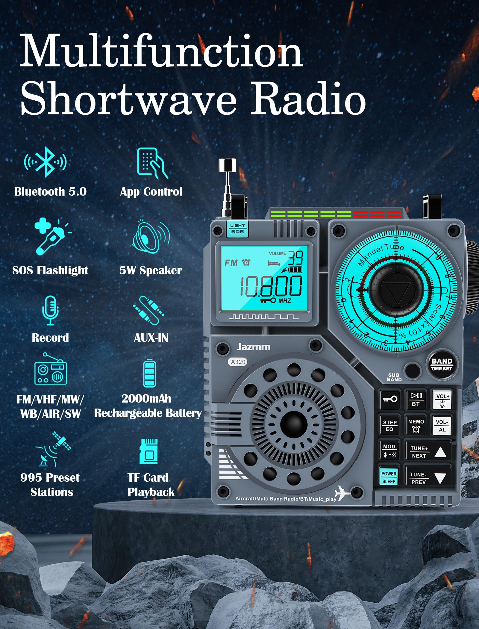 Portable Shortwave Radio with 5W Bass Sound - AIR/AM/FM/VHF/SW/WB Worldband Receiver, Bluetooth & APP Control, 2000mAh Rechargeable Battery, 9.85ft Wire Antenna, Flashlight & Recording - Perfect for Emergency, Camping, Travel & Outdoor Adventures