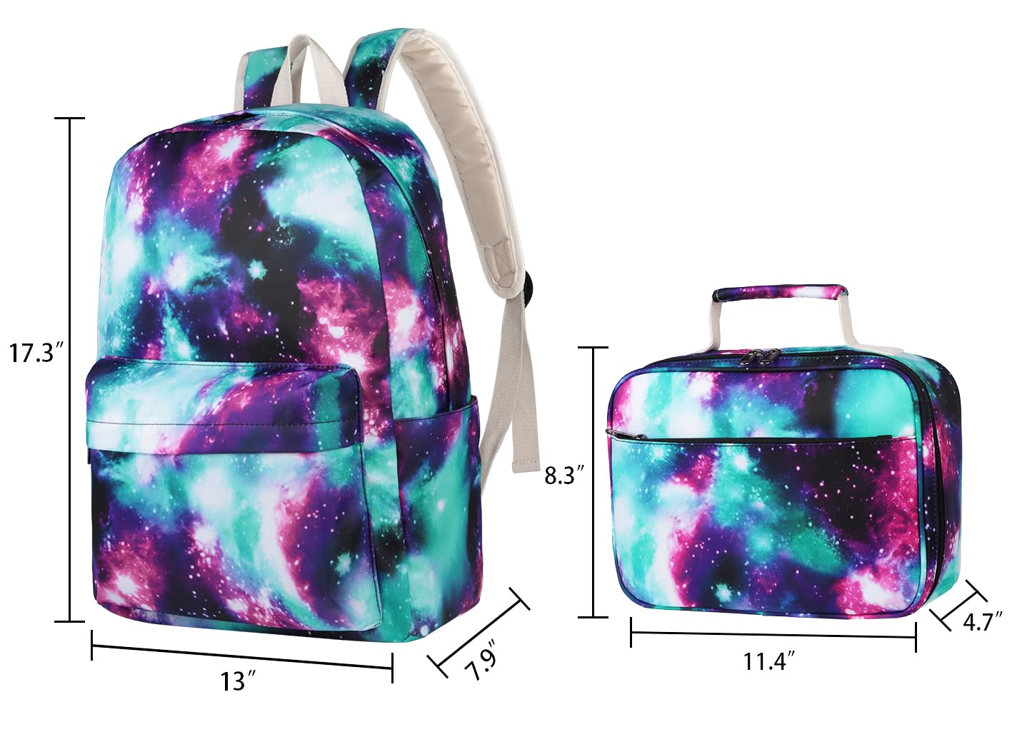 Lightweight School Backpack for Teen Girls & Women - Galaxy Green Bookbag with Lunch Box Set | Durable Daypack for School, College, Travel & Daily Use