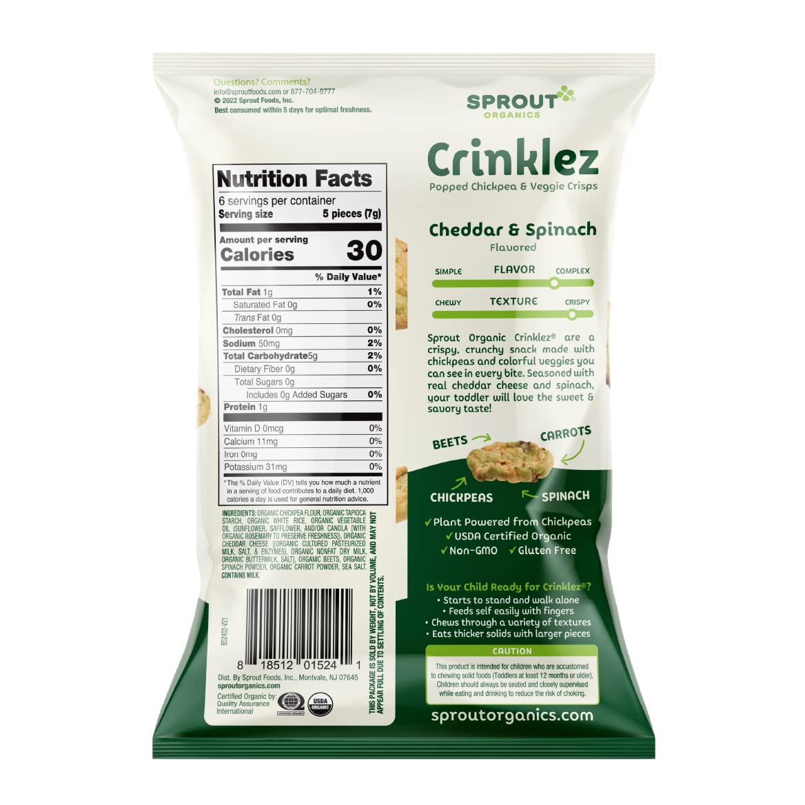 Organic Baby Food Toddler Snacks - Sprout Foods Crinklez Cheesy Spinach (1.48 Oz, Pack of 6) | Healthy & Nutritious Snacks for Babies & Toddlers | Perfect for On-the-Go, Daycare & Travel