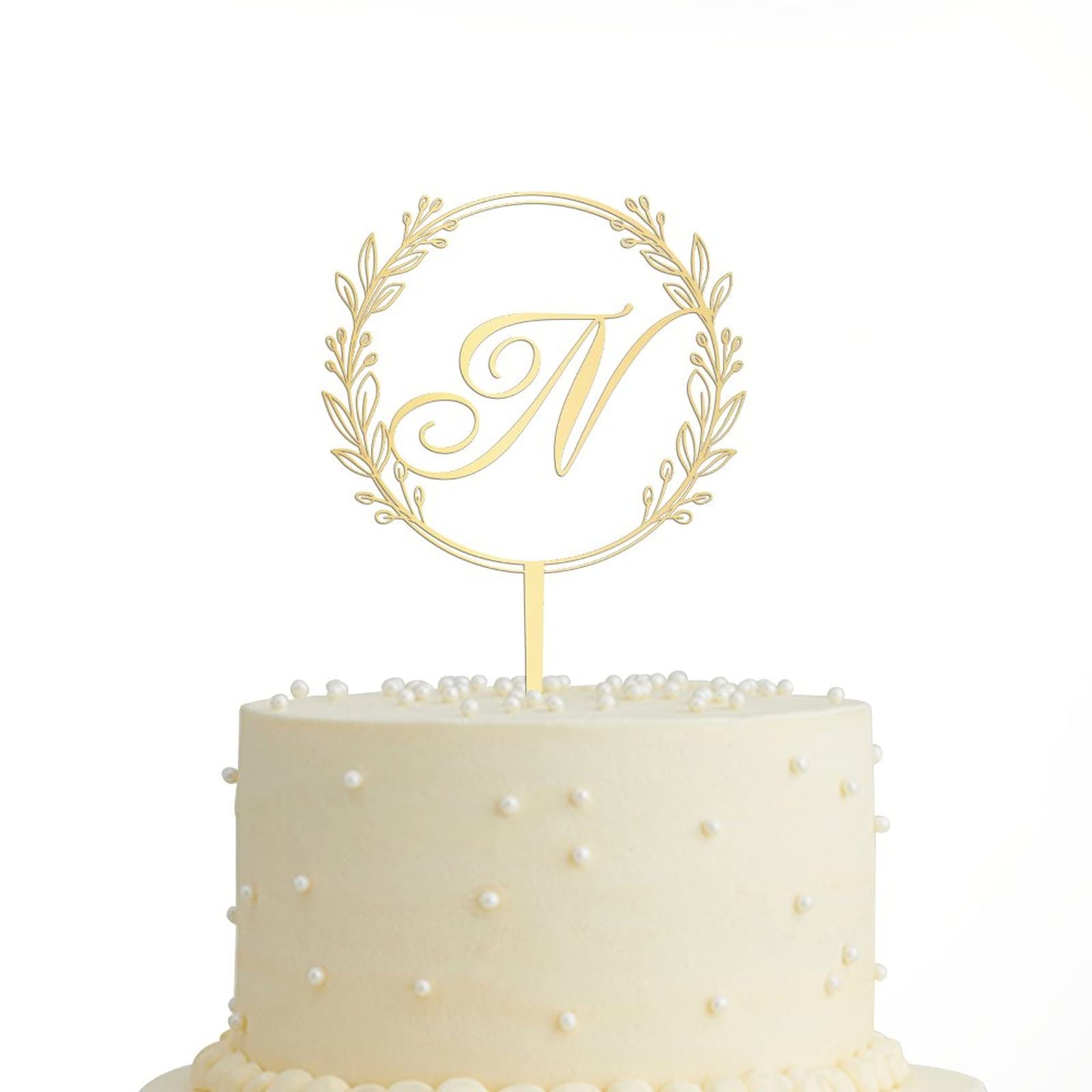 Personalized Gold Acrylic Letter N Cake Topper - Elegant Wreath Design for Wedding, Anniversary & Birthday Party Cake Decorations - Perfect for Custom Cakes, Cupcakes & Dessert Displays