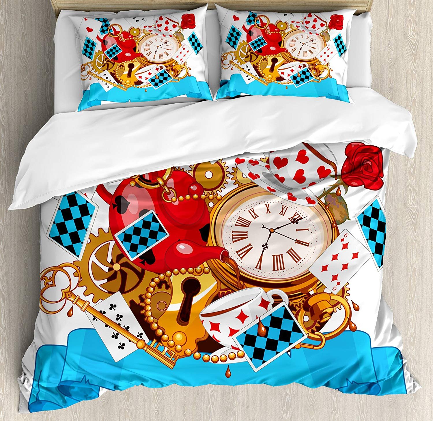 Alice in Wonderland Duvet Cover Set 4-Piece Cal King - Mad Tea Party Design with Cards, Clocks & Flowers (1 Duvet Cover + 1 Flat Sheet + 2 Pillowcases) - Fantasy Bedding for Kids & Adults - Perfect for Themed Bedrooms & Gift Giving