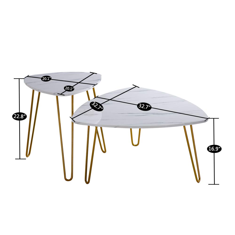 Modern White Marble & Metal Nesting Coffee Tables Set of 2 - Minimalist End/Side Tables for Living Room, Sofa & Home Office - Perfect for Small Spaces, Lounge Areas & Contemporary Decor