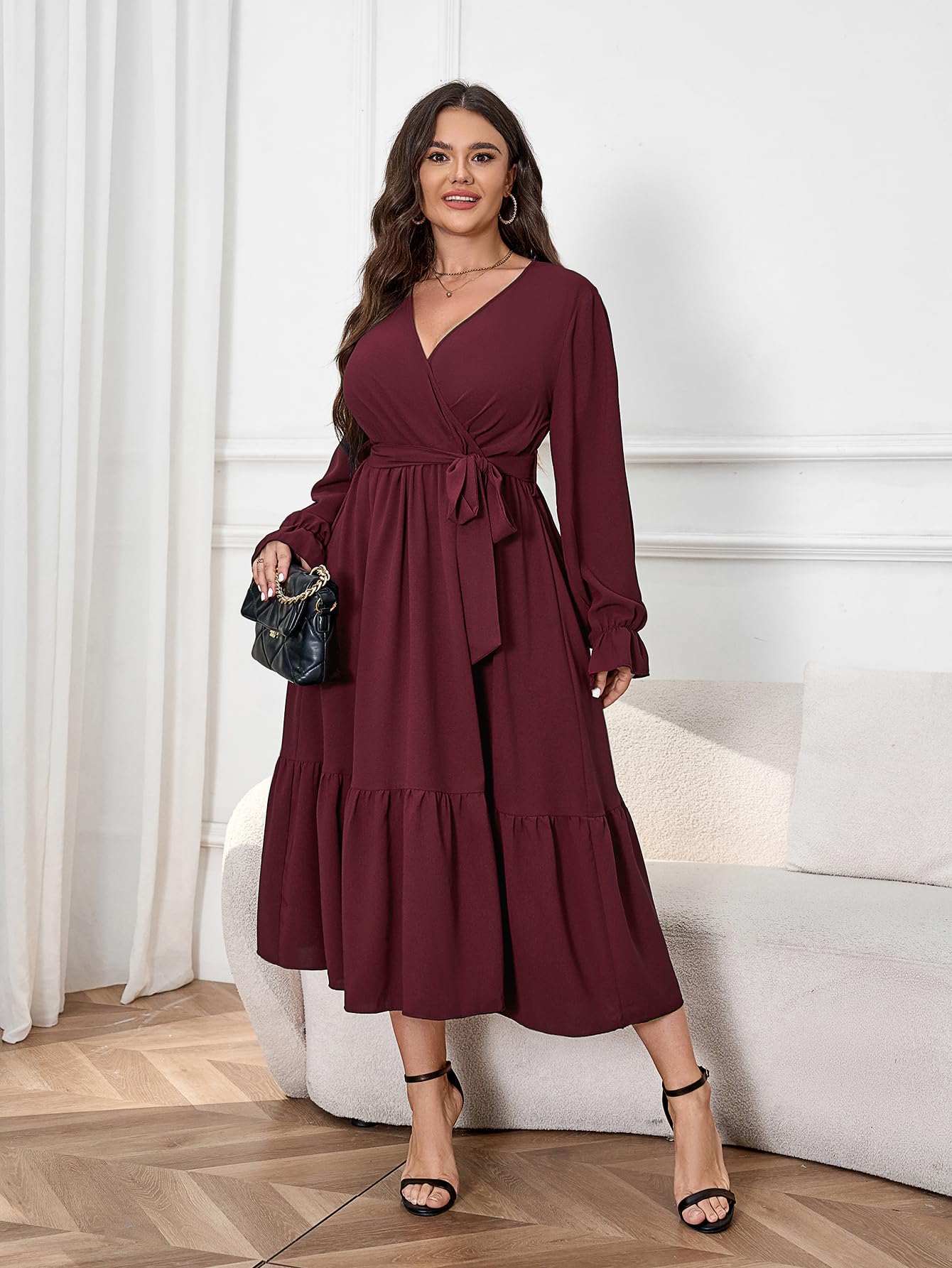 Elegant Plus Size Wedding Guest Dress - Long Sleeve Wrap V-Neck Belted A-Line Maxi Cocktail Dress with Ruffle Hem | Perfect for Weddings, Parties & Special Occasions