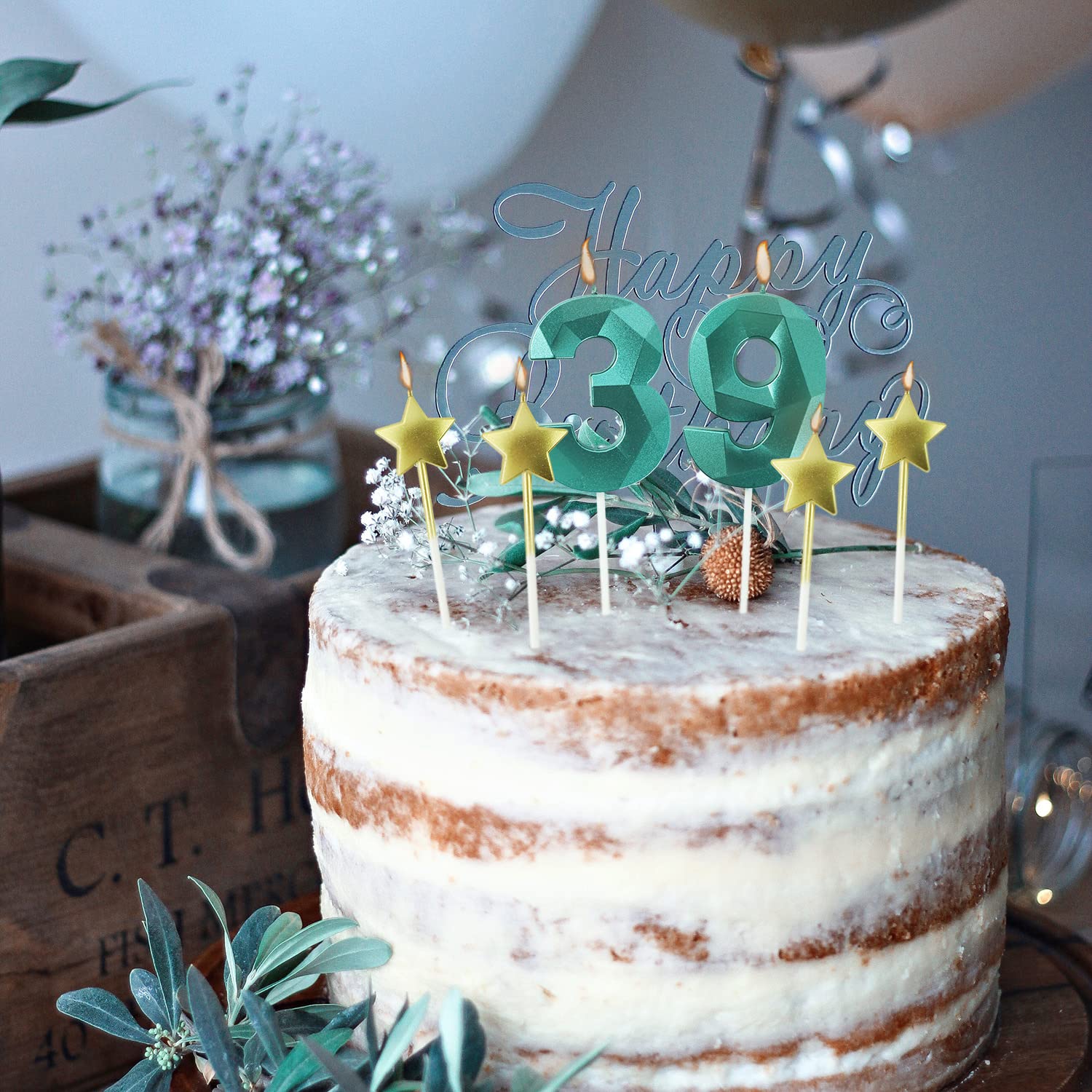 Green Number 4 & Star Birthday Candles - 2.76 Inch 3D Diamond Shaped Cake Candles for Birthday Parties, Anniversary Decorations | Perfect for Cake Toppers, Cupcake Decor, and Special Celebration Cakes