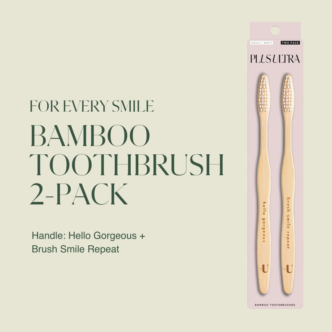 Eco-Friendly 2-Pack Bamboo Toothbrush with Soft Bristles - BPA Free, Dentist Recommended, Natural Biodegradable Toothbrush for Adults - Perfect for Travel, Home & Zero Waste Lifestyle (Smile Repeat & Hello Gorgeous Designs)
