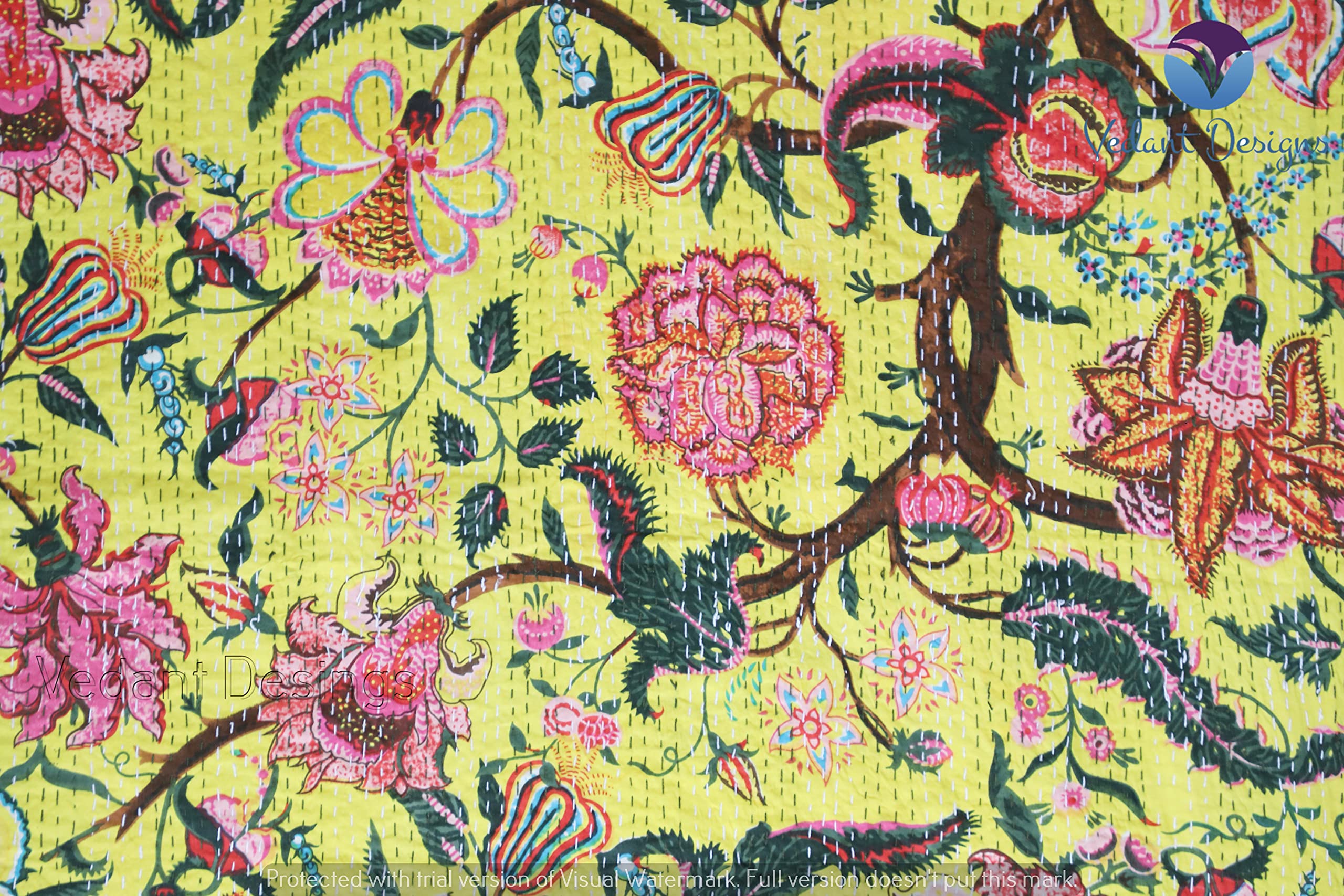 Handmade Indian Kantha Quilt - 100% Cotton Bohemian Floral Block Print Bedspread & Throw Blanket (Queen Size, Yellow 02) - Perfect for Boho Bedroom Decor, Cozy Sofa Throws & Unique Gift Ideas