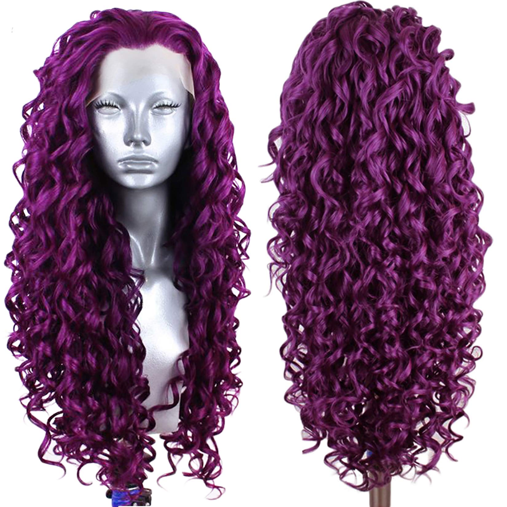 26 Inch Purple Lace Front Wigs for Women - Long Curly Human Hair Wig with Wig Cap | Natural Looking Daily Wear Synthetic Hair for Cosplay, Parties & Special Occasions