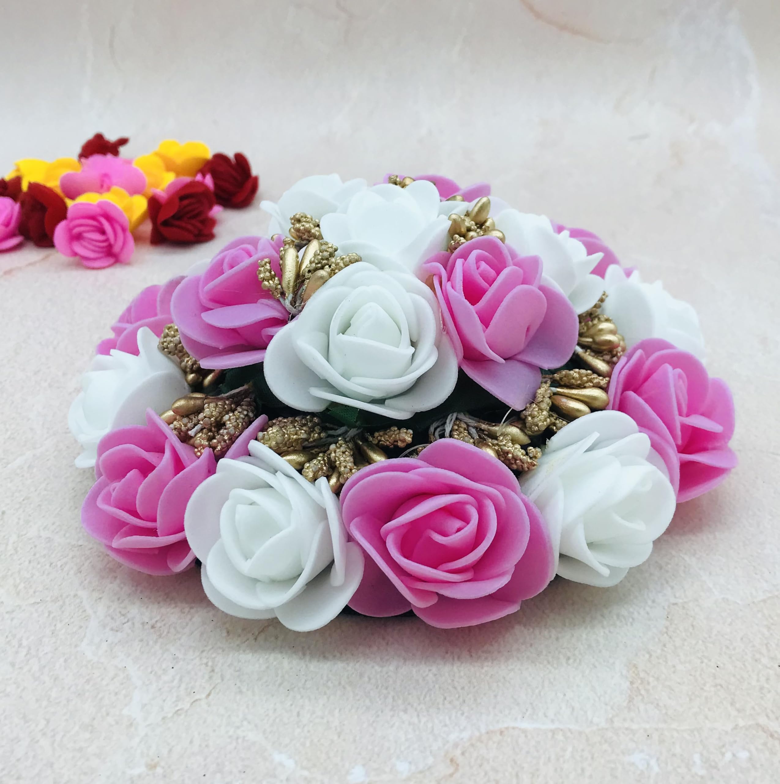 Gadinfashion™ Artificial Flower Juda Bun/Gajra Hair Accessories for Women & Girls - Pack of 1 (Pink & White) - Perfect for Weddings, Parties & Festive Occasions