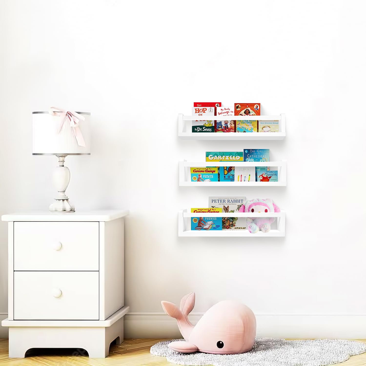 3-Piece White Nursery Book Shelves Set - 16.5 Inch Wall-Mounted Kids Bookshelf for Baby Bedroom, Playroom & Toy Storage | Perfect for Nursery Decor, Children's Book Organization & Montessori Learning Spaces