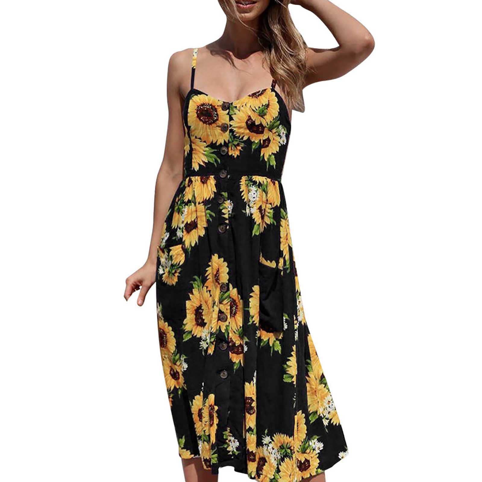 Women's Cute Spaghetti Strap Long Dress with Pockets - Summer Boho Floral Print Flowy Sun Dress for Casual, Beach & Vacation Wear