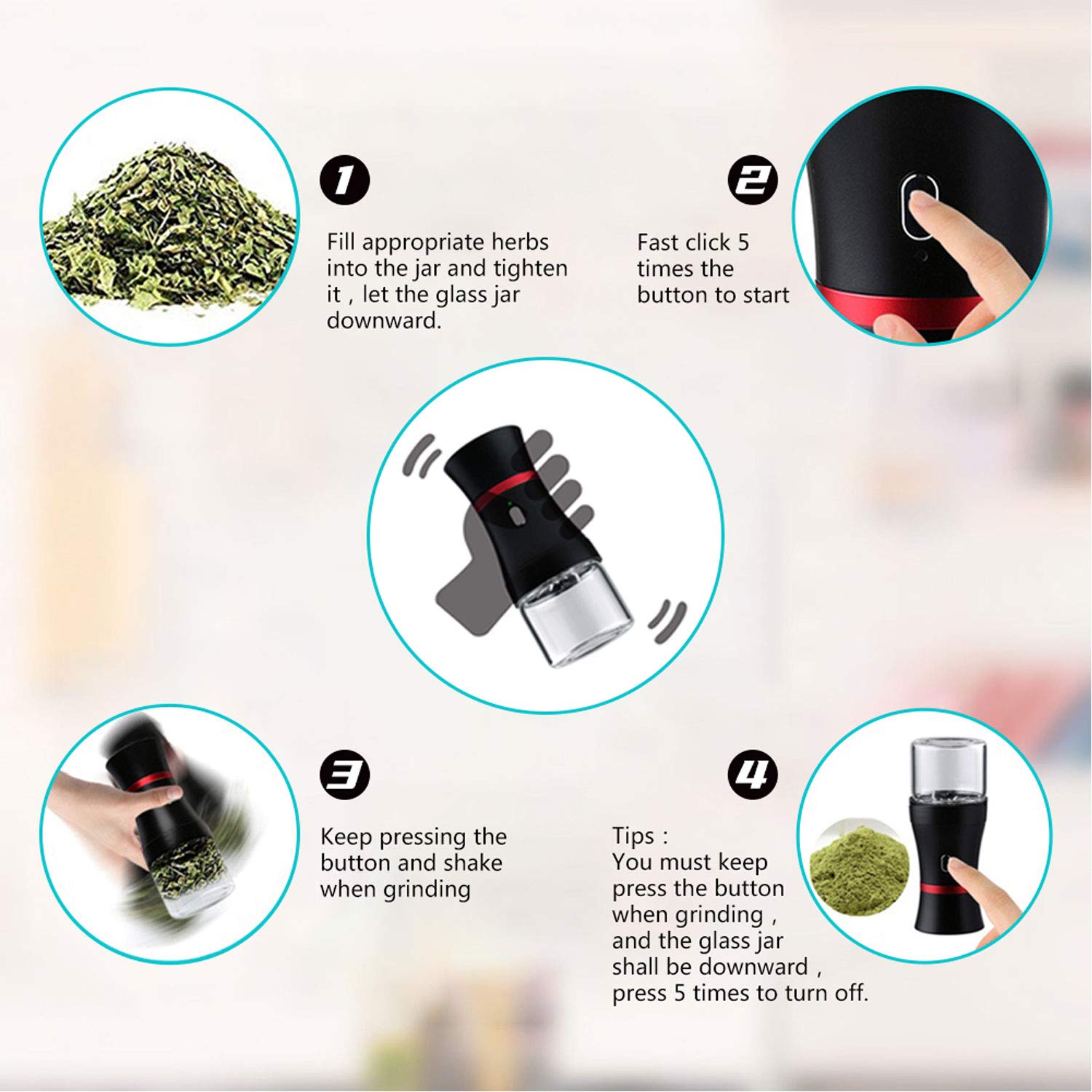 Premium Electric Herb Grinder - 1100mAh Rechargeable Dry Herb & Spice Grinder with 2 x 50ml Storage Jars & Mini Scoop - Perfect for Cooking, Baking & Herbal Preparation