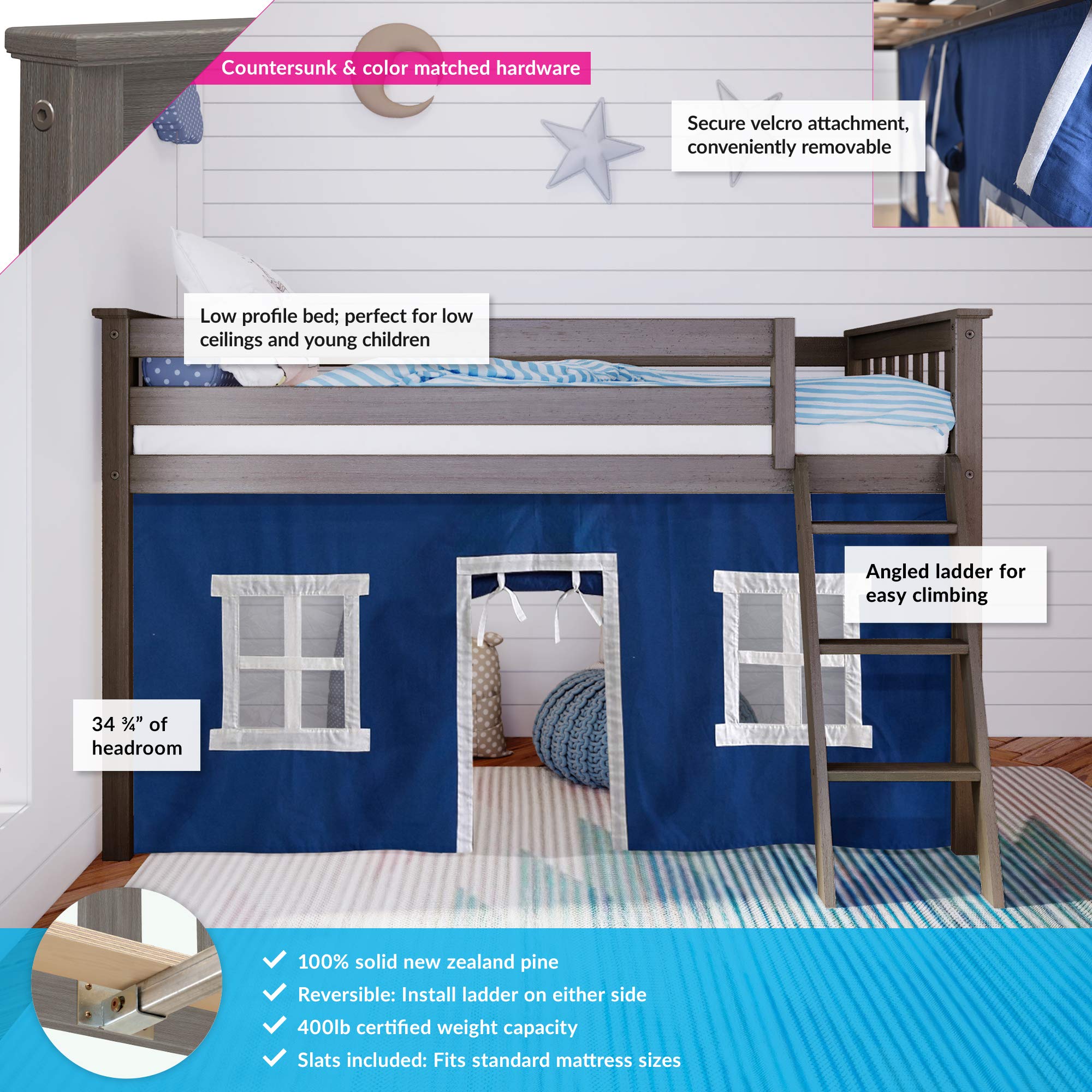 Max & Lily Low Loft Twin Bed Frame for Kids with Bottom Curtains - Clay & Blue Color | Space-Saving Kids Bedroom Furniture for Small Rooms & Play Areas