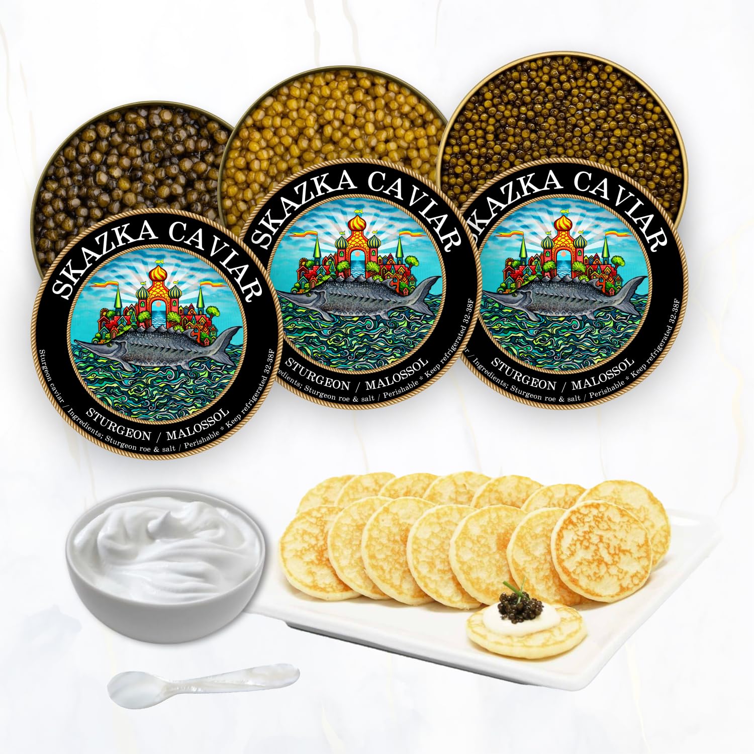 Premium Kaluga, Osetra & Amur Sturgeon Caviar Gift Set (1oz Each) with Pearl Spoon, Blini & Crème – Gourmet Food Gift for Special Occasions – Perfect for Weddings, Anniversaries & Luxury Gifting – Free Overnight Shipping