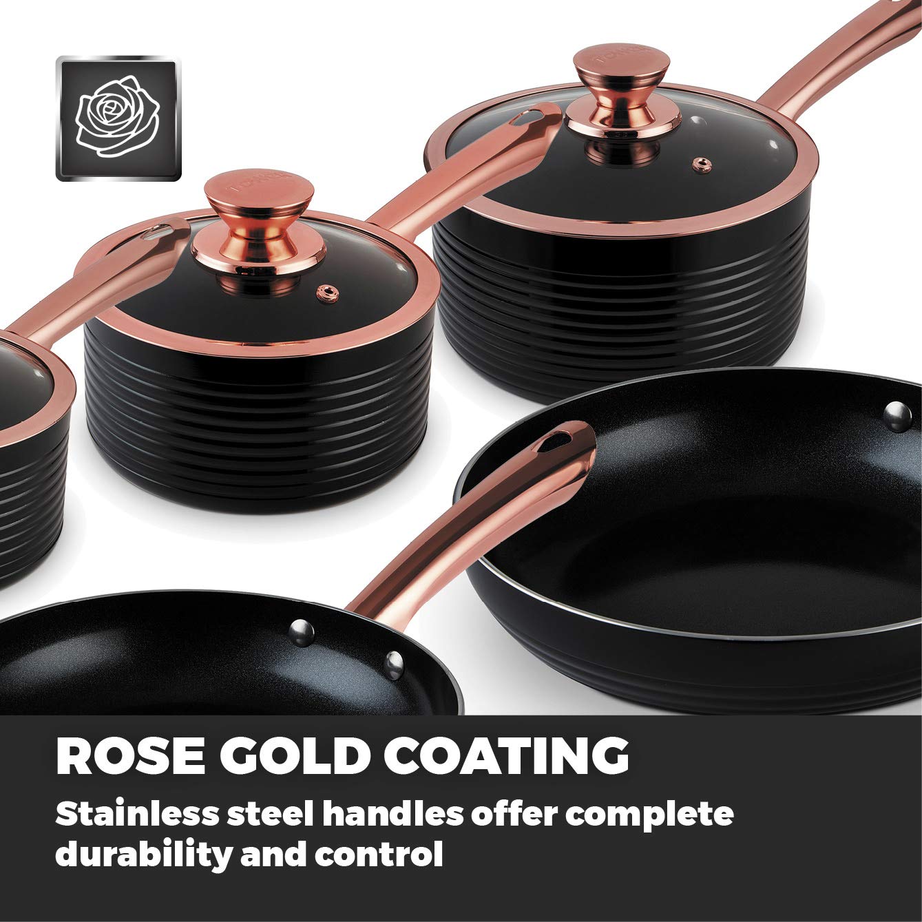 Premium 5-Piece Non-Stick Cerasure Coating Tower Linear Induction Pots and Pans Set - Black & Rose Gold (16cm/18cm/20cm Saucepans + 24cm/28cm Frying Pans) for Professional Cooking & Everyday Kitchen Use