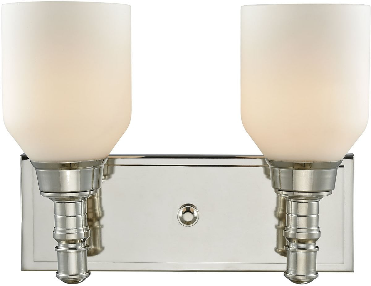 12W Baxter 2-Light Bathroom Vanity Light in Polished Nickel with Opal White Glass Shades - Perfect for Modern Bathroom and Powder Room Lighting