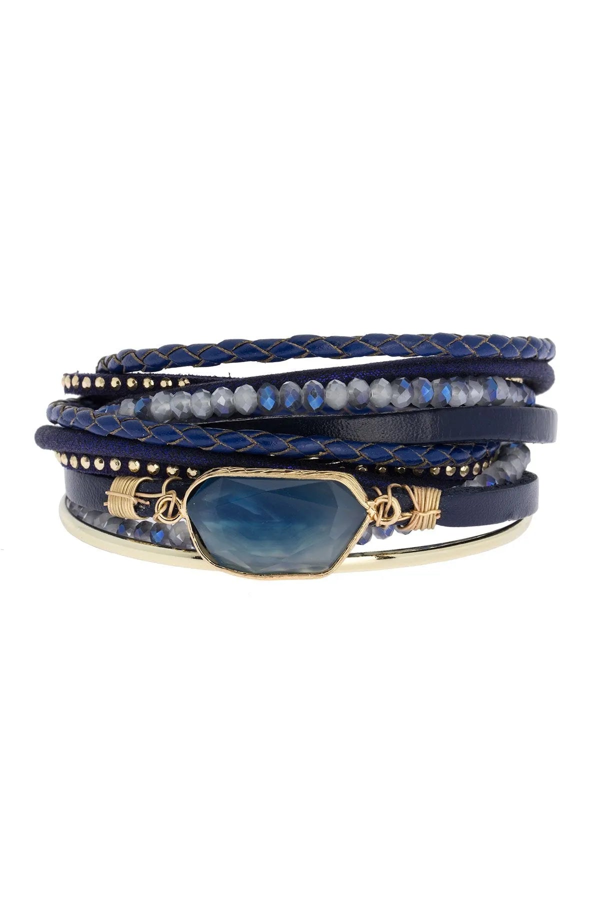 Navy Blue Stone Crystal Leather Bracelet for Women - Boho Chic Adjustable Wrap Bracelet for Everyday Wear & Gift Giving