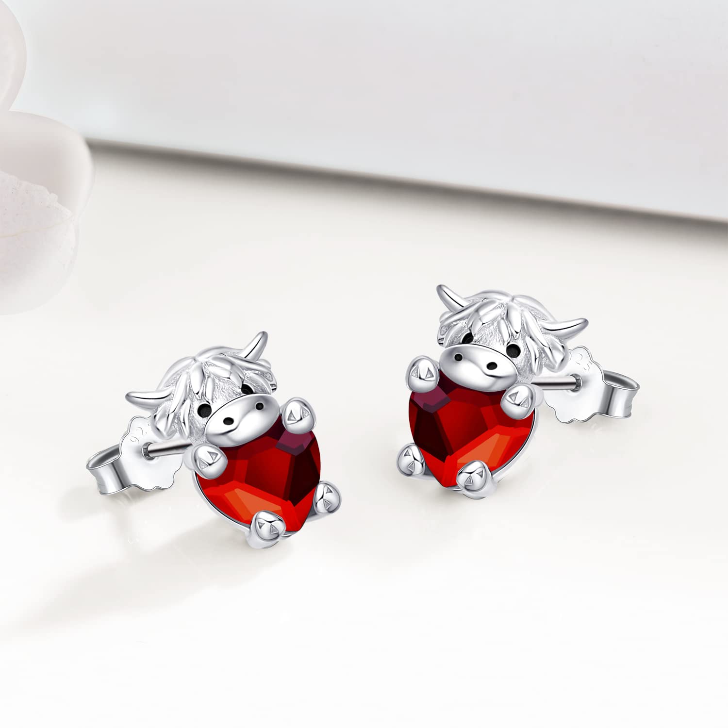 JUSTKIDSTOY 925 Sterling Silver Highland Cow Stud Earrings with Birthstones - Cute Animal Jewelry for Women, Girls, Daughter & Girlfriend - Perfect Birthday Gift for Cow Lovers & Farmhouse Style Fashion Accessories