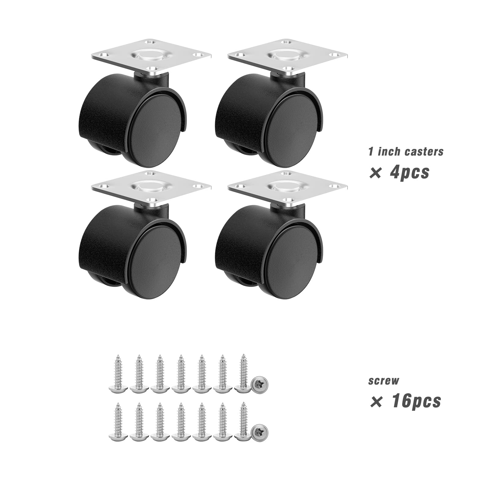 4-Piece 1-Inch Nylon Plastic Swivel Casters for Furniture & Workbenches - Heavy Duty Replacement Wheels for Tables, Carts & Office Chairs (Black) - Perfect for Home, Workshop & Office Mobility